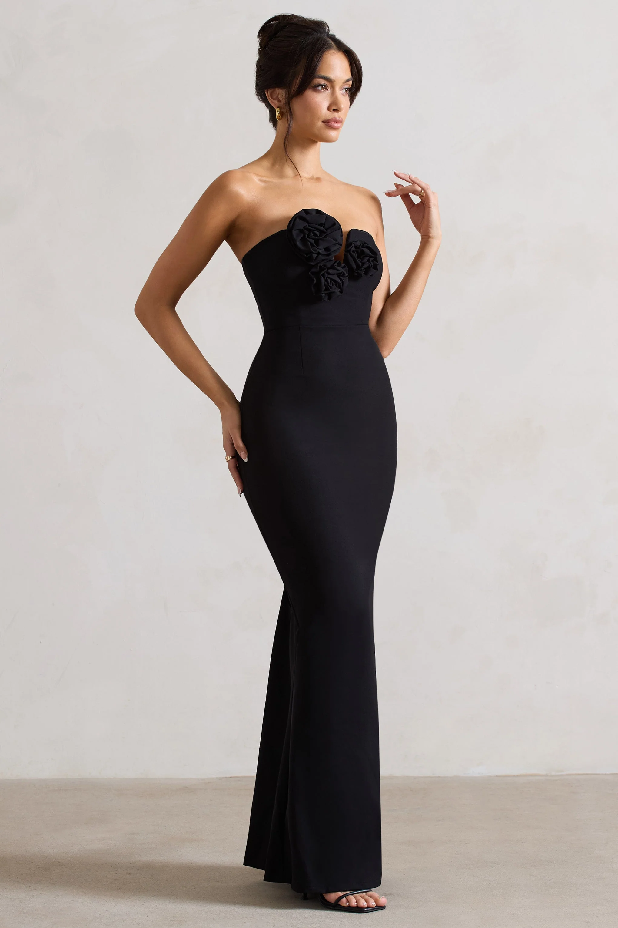 Black Strapless V-Neck Maxi Dress With Flowers