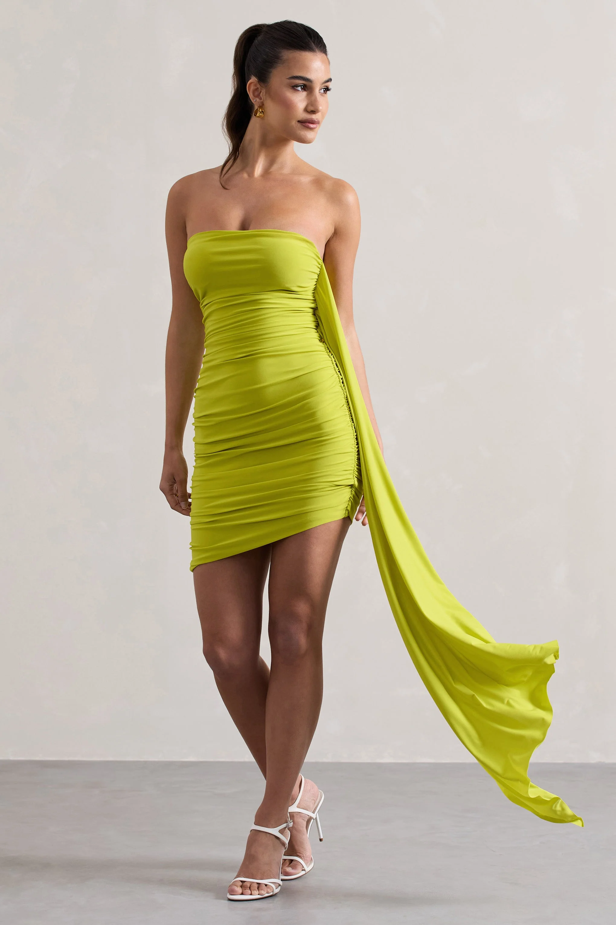 Lime Ruched Asymmetric Mini Dress With Sash
