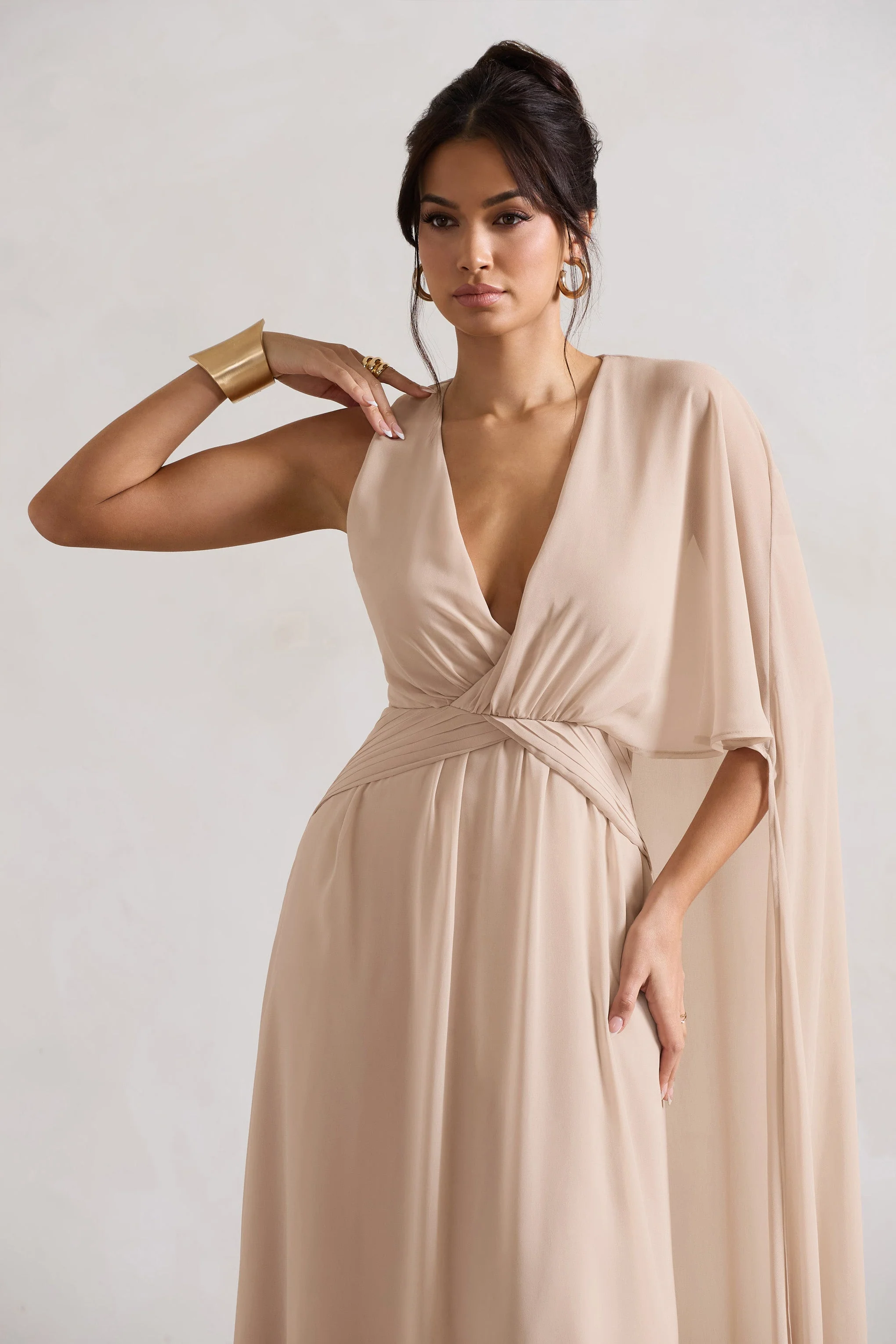 Champagne Plunge-Neck Chiffon Maxi Dress With Cape Sleeve