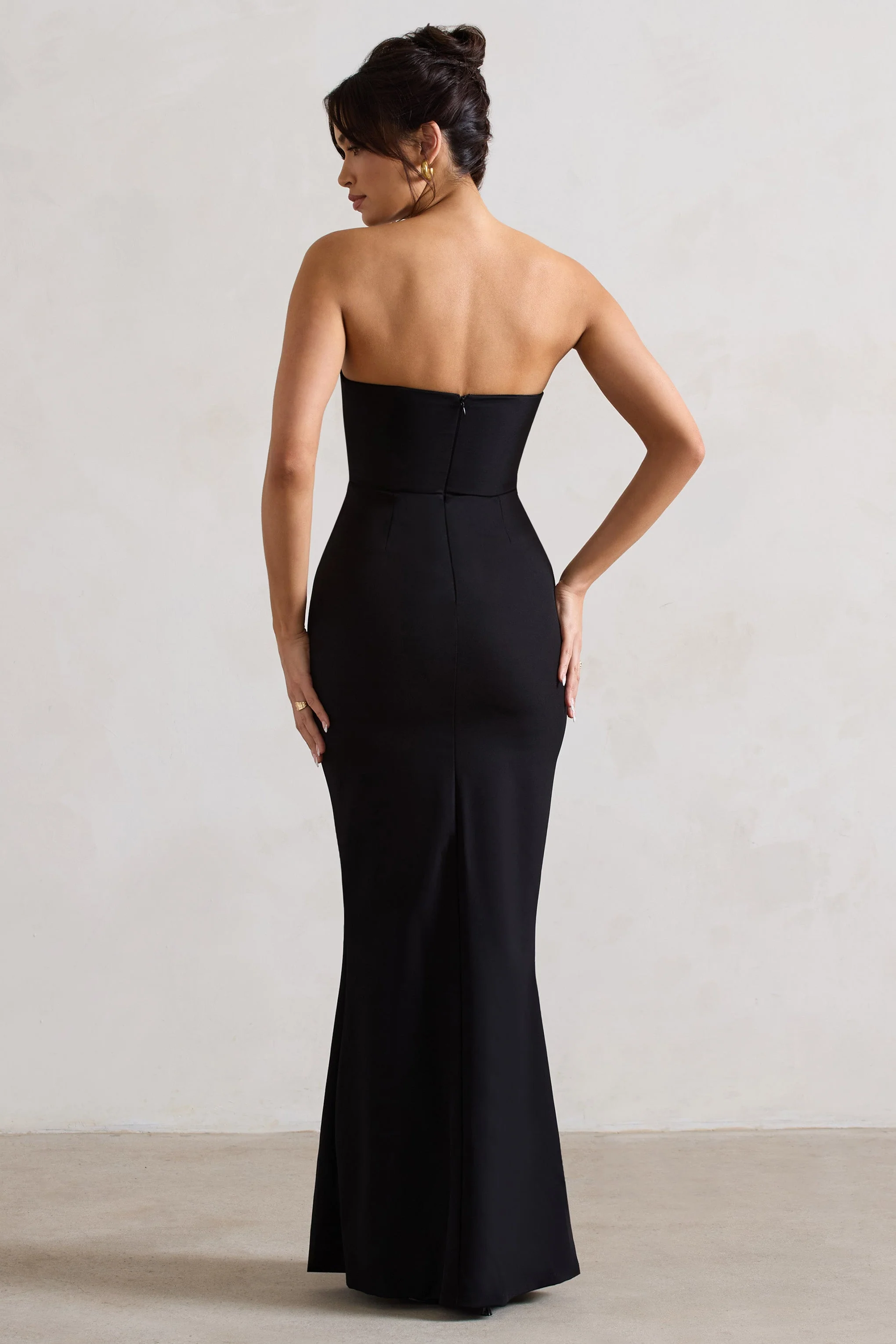 Black Strapless V-Neck Maxi Dress With Flowers