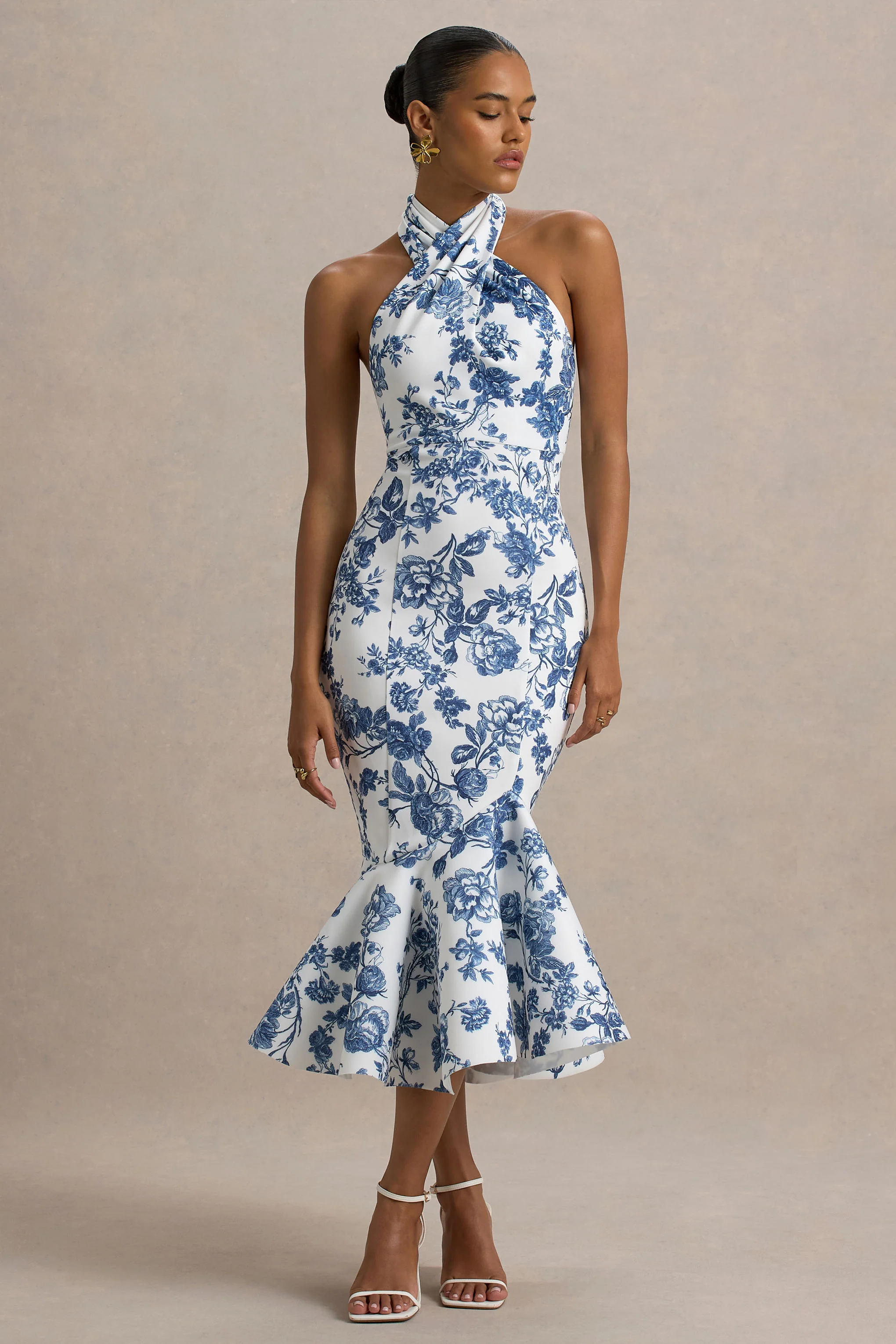 Blue Porcelain Print Halter-Neck Ruffle-Trim Midi Dress