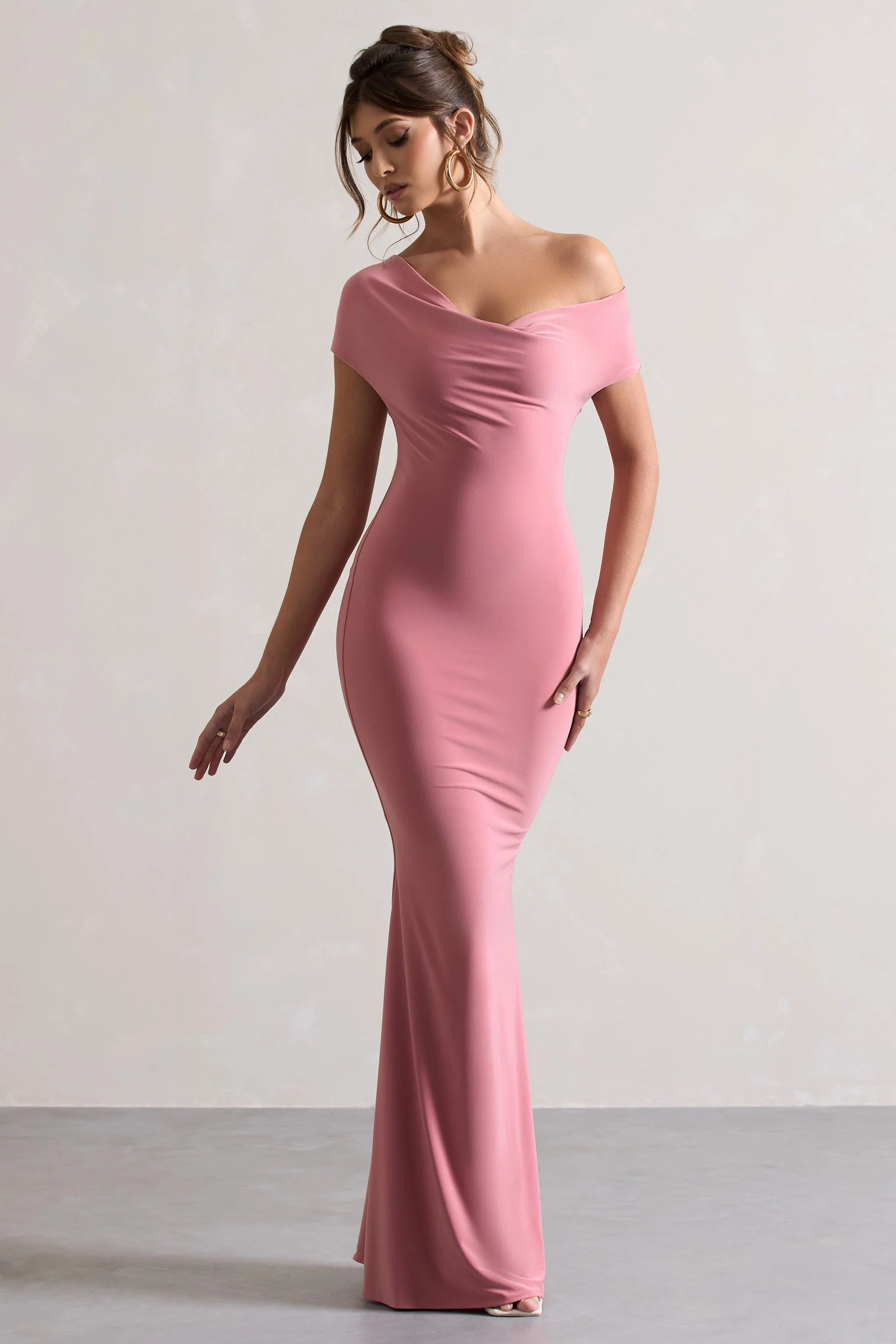Blush Pink Asymmetric Bardot Maxi Dress