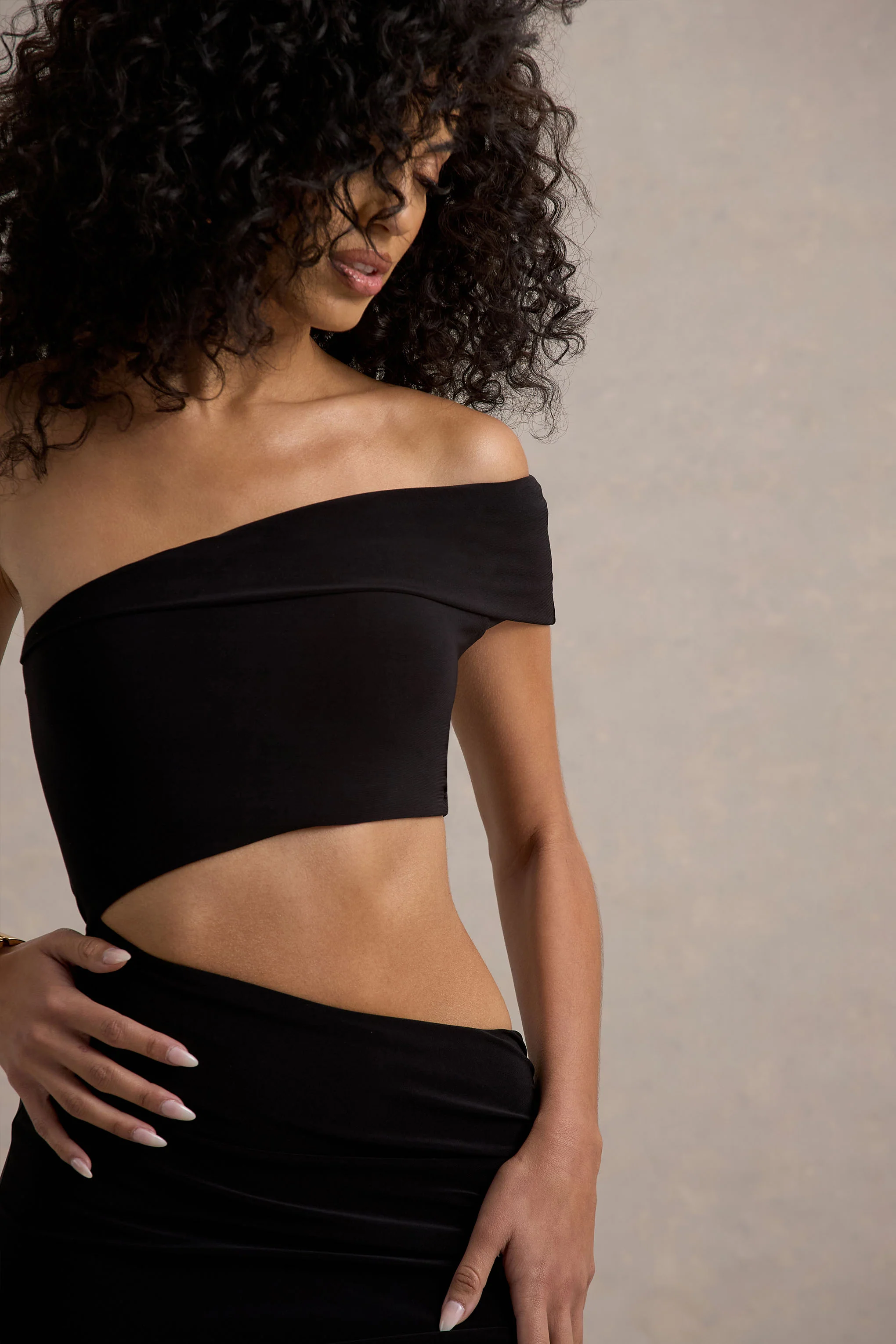 Black One-Shoulder Cut-Out Maxi Dress With Split