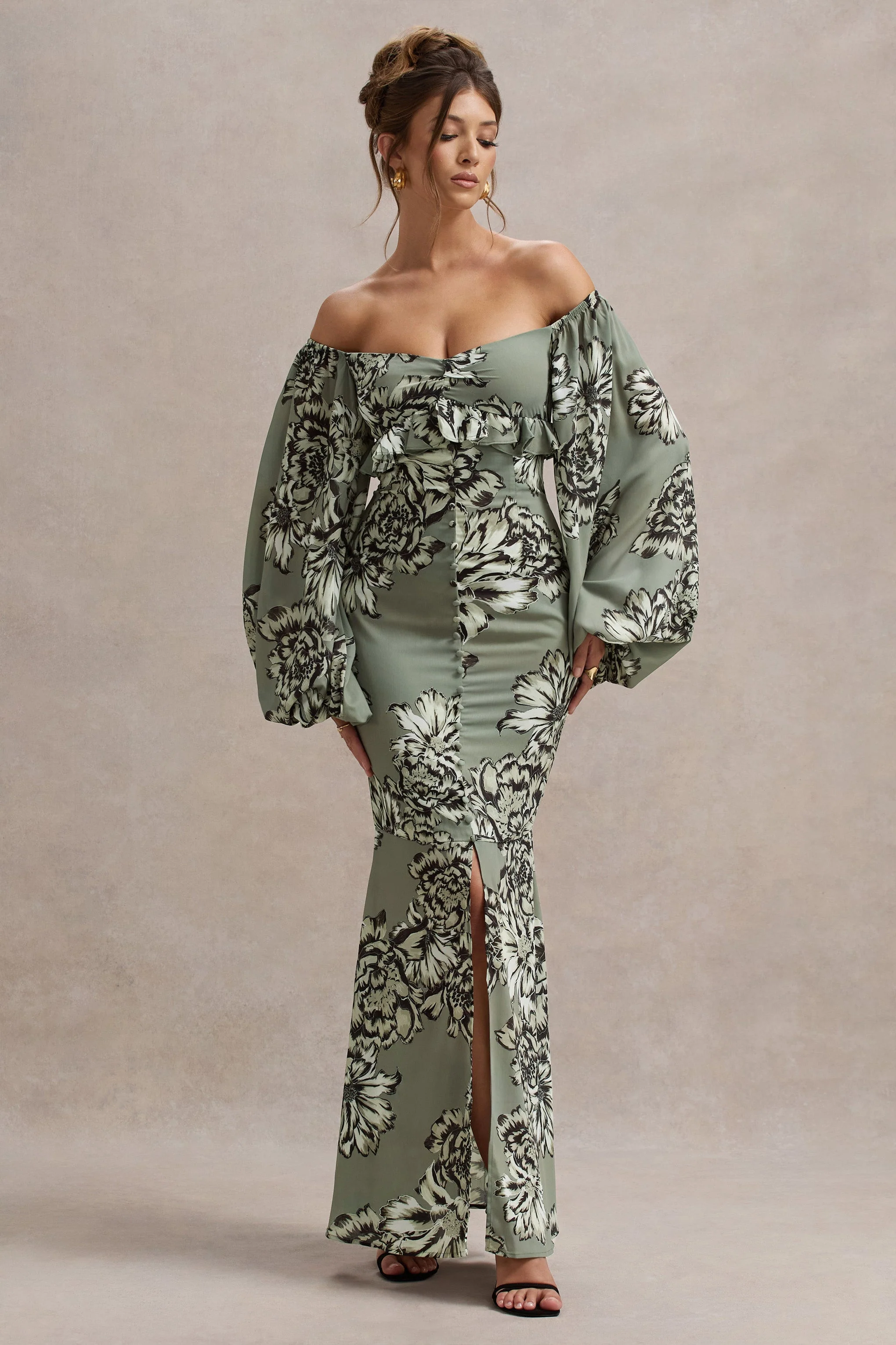 Olive Floral Print Chiffon Puff-Sleeve Button Maxi Dress