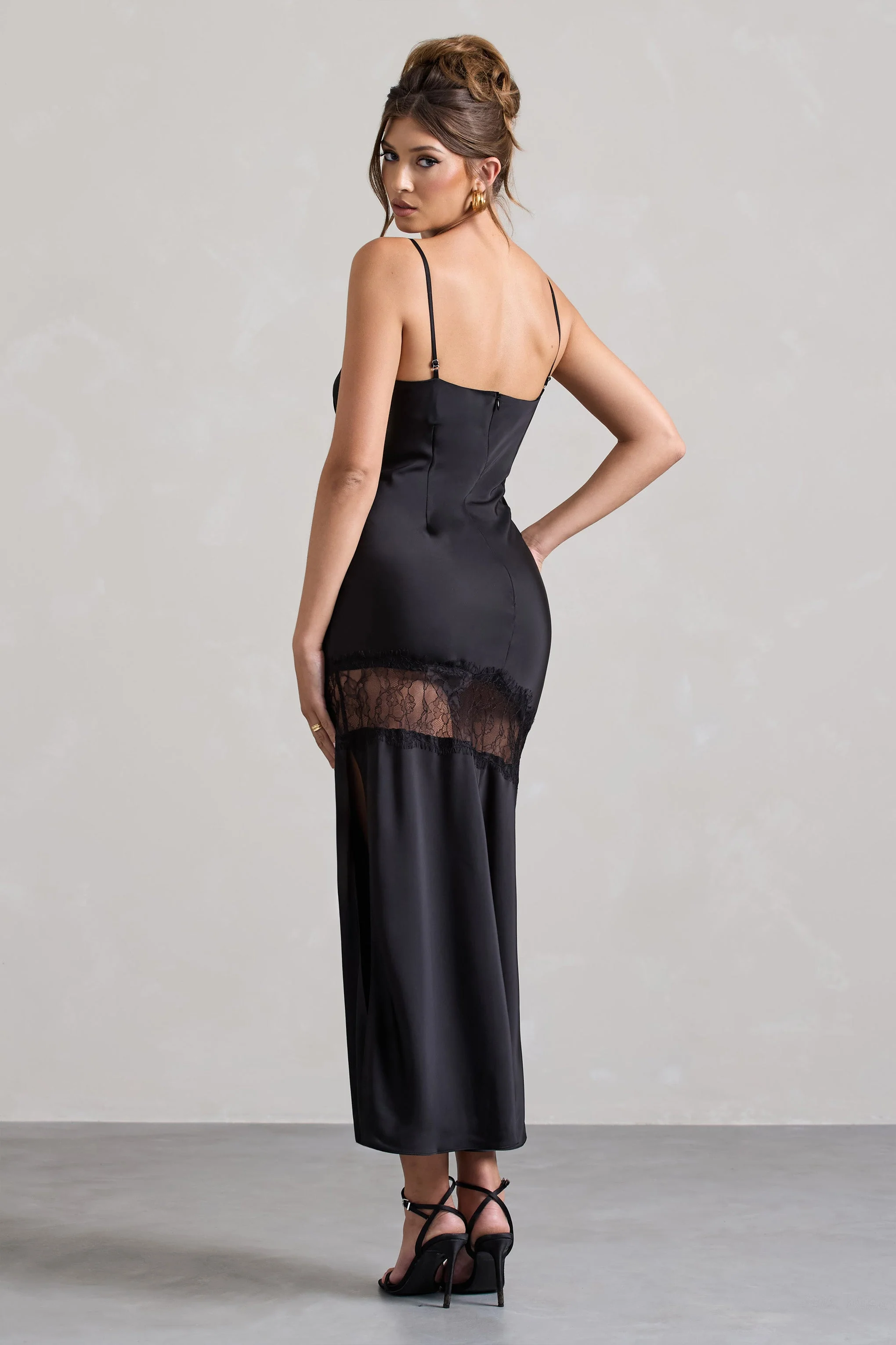 Black Satin Cowl-Neck Lace Trim Maxi Dress