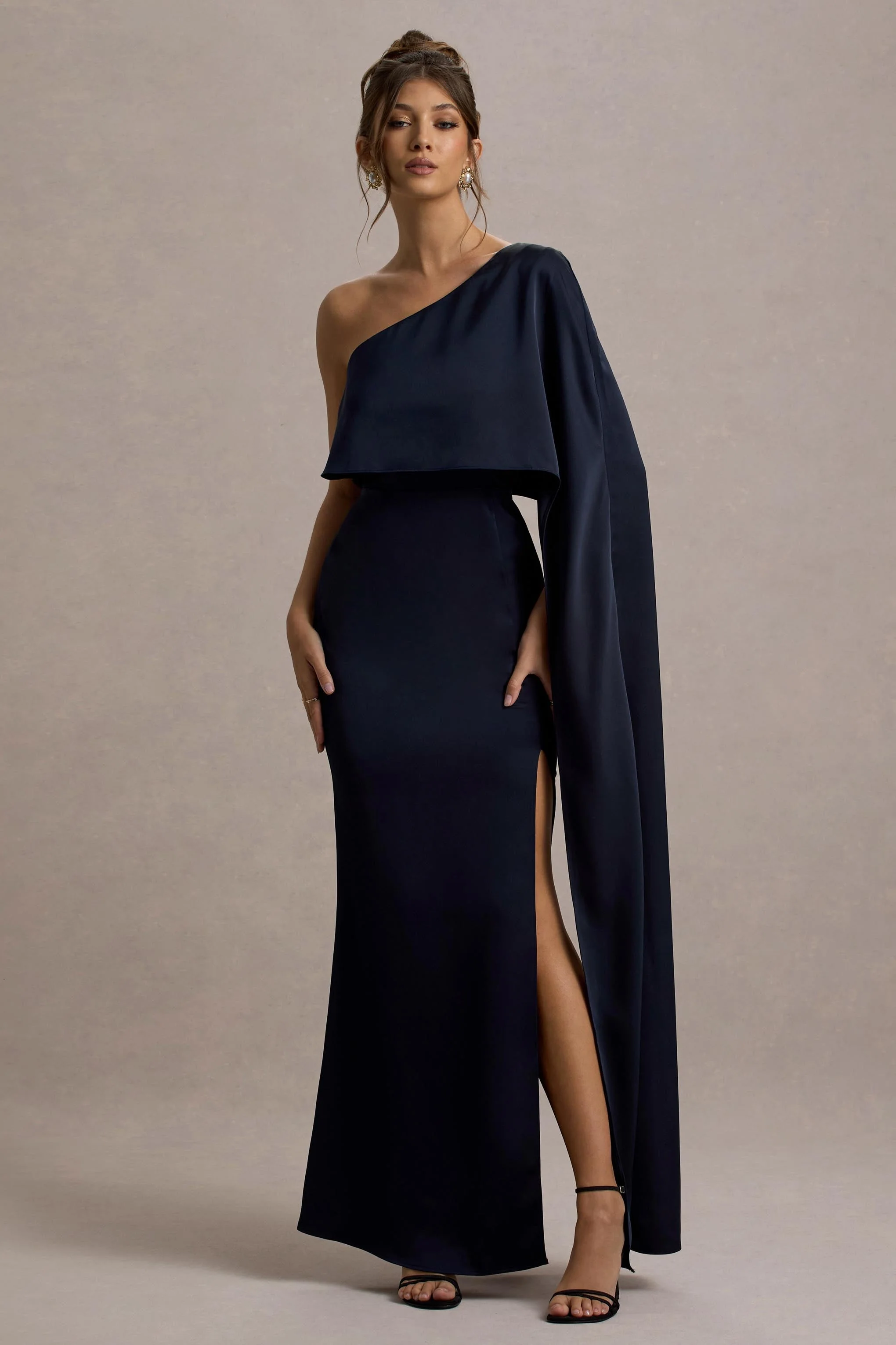 Navy Satin Asymmetric Cape-Sleeve Split Maxi Dress