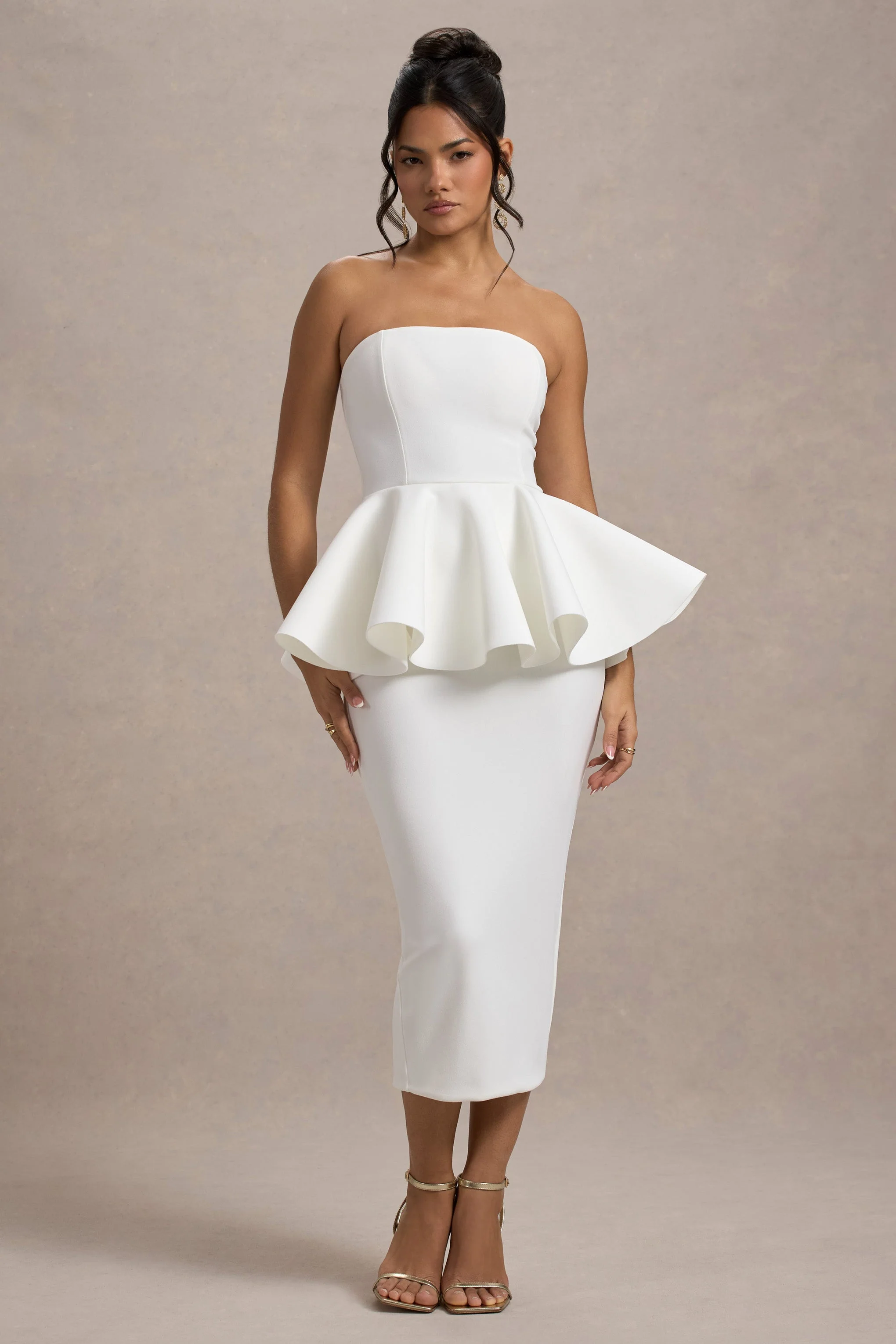 White Bandeau Peplum Midi Dress