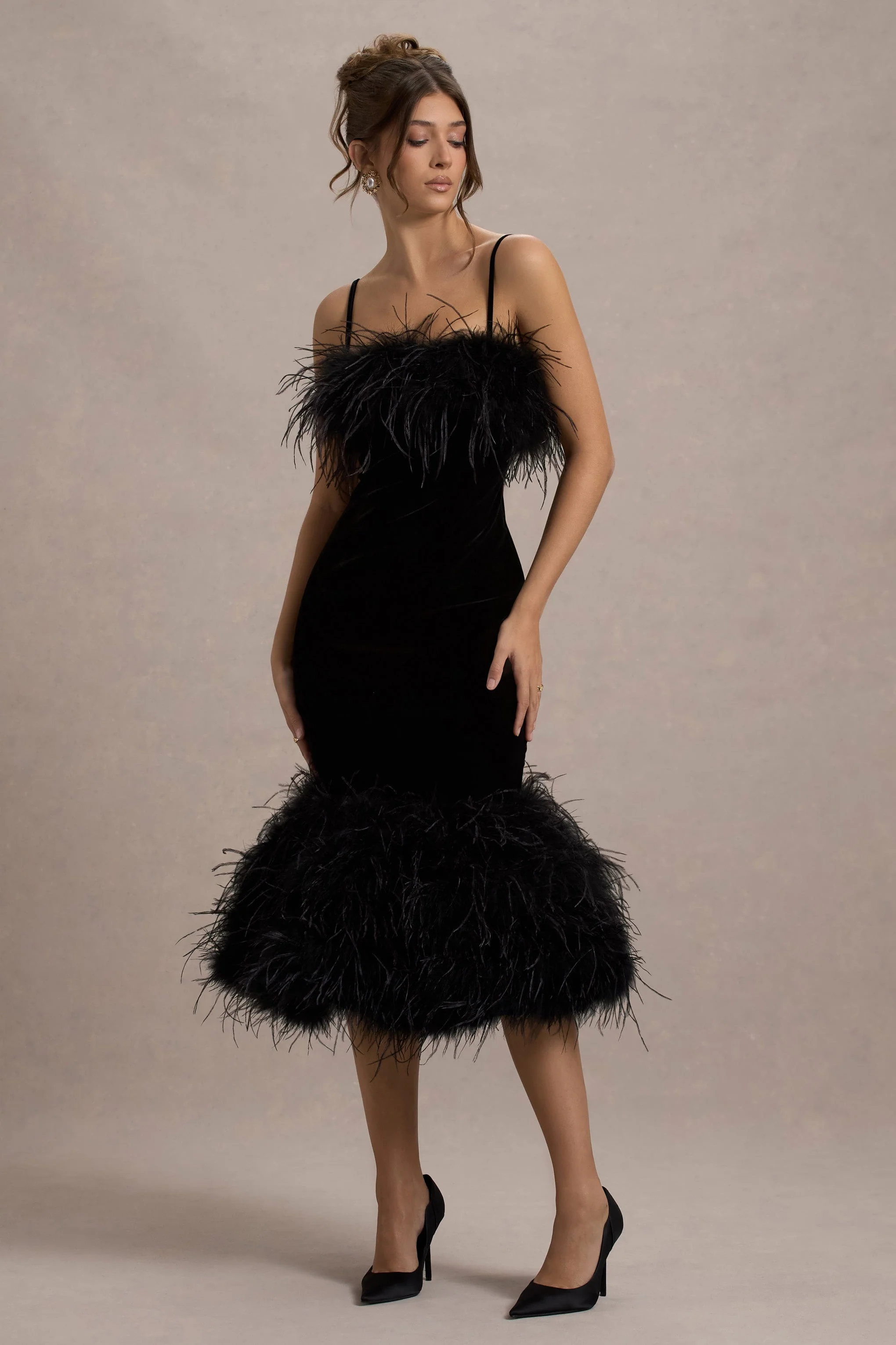 Black Velvet Feather Trim Midi Dress