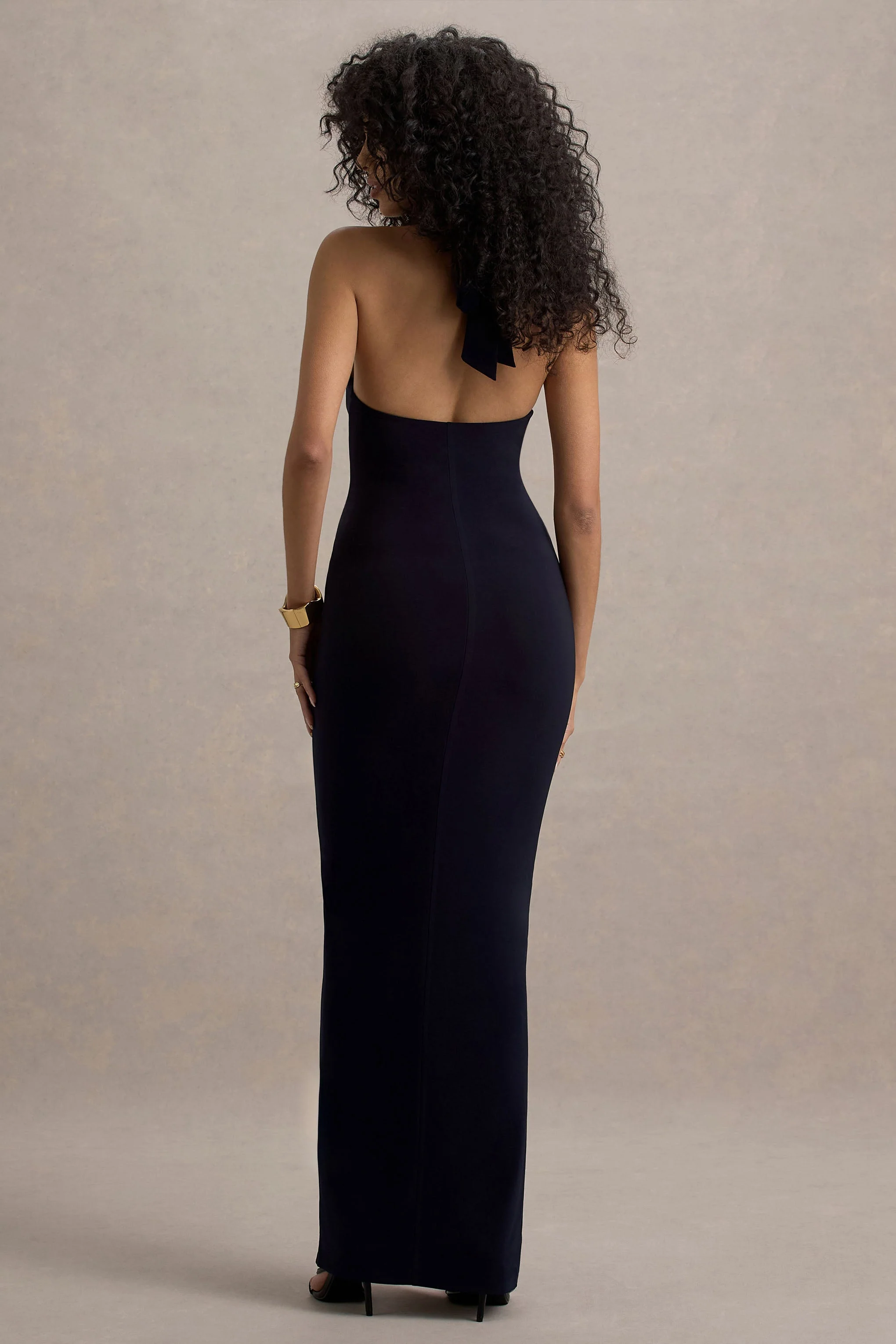 Navy Halter-Neck Twist Maxi Dress