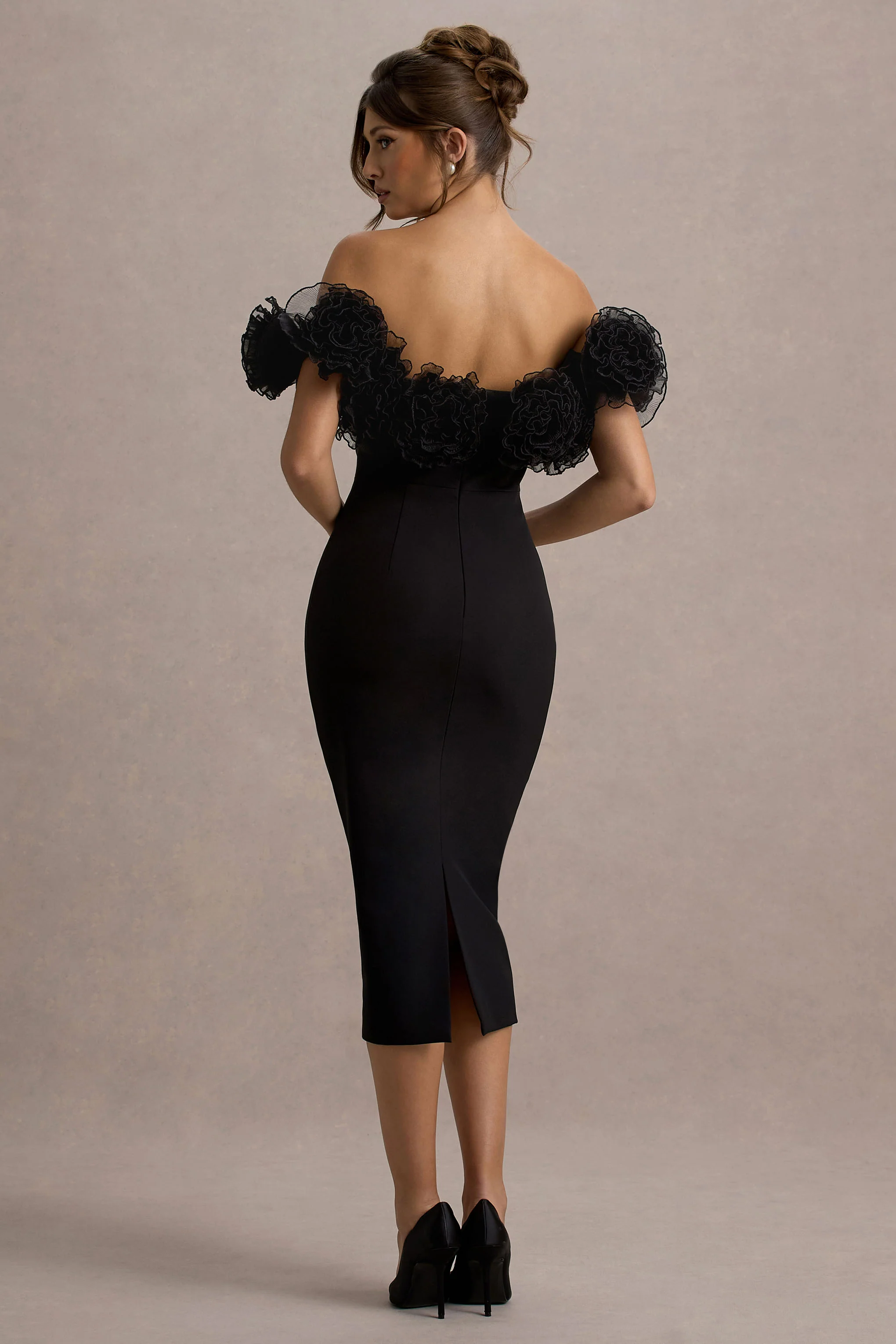 Black Bardot Midi Dress With Ruffle Trim