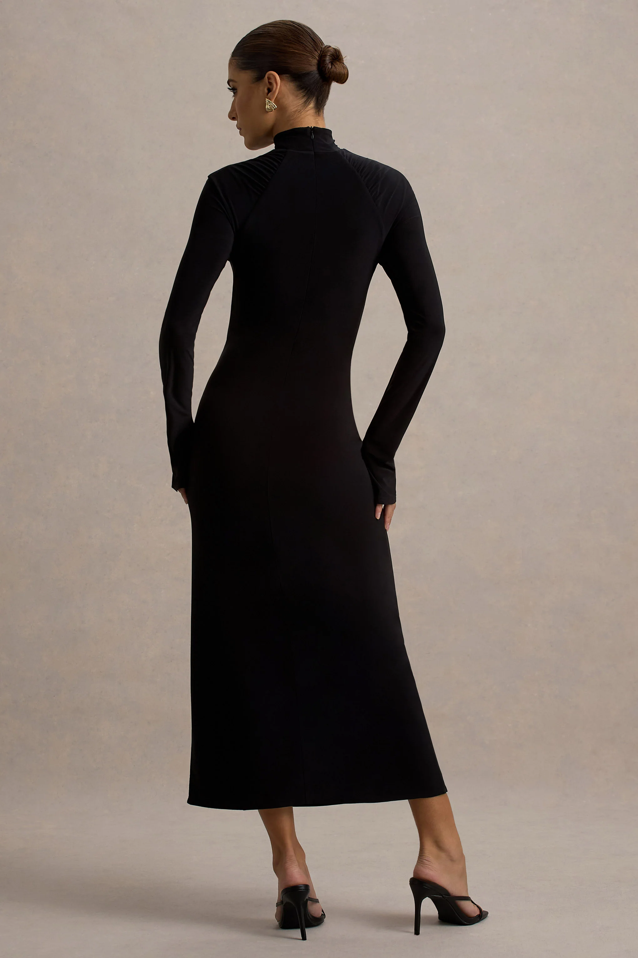 Black High-Neck Long-Sleeve Midi Dress