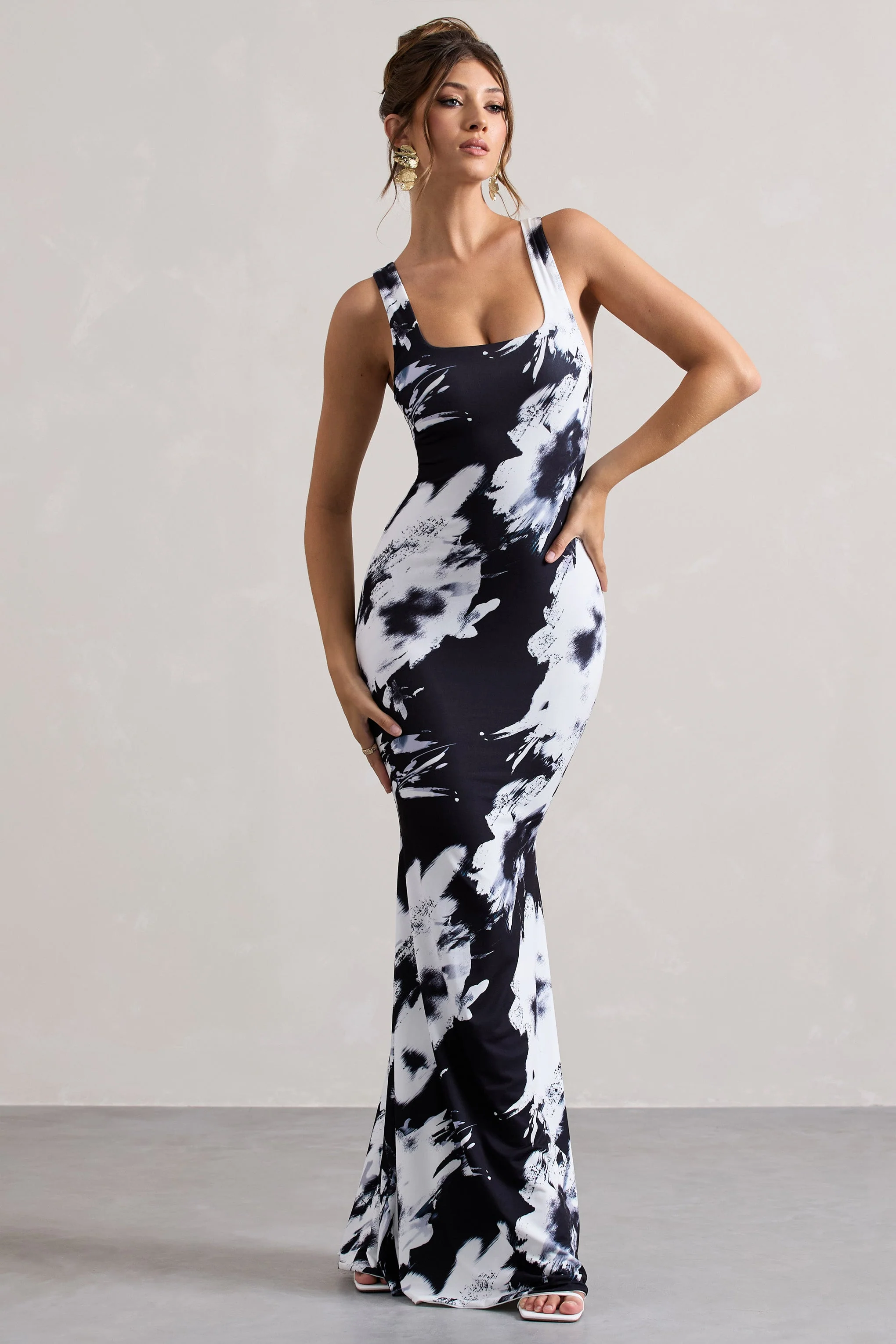 Monochrome Floral Print Square-Neck Maxi Dress