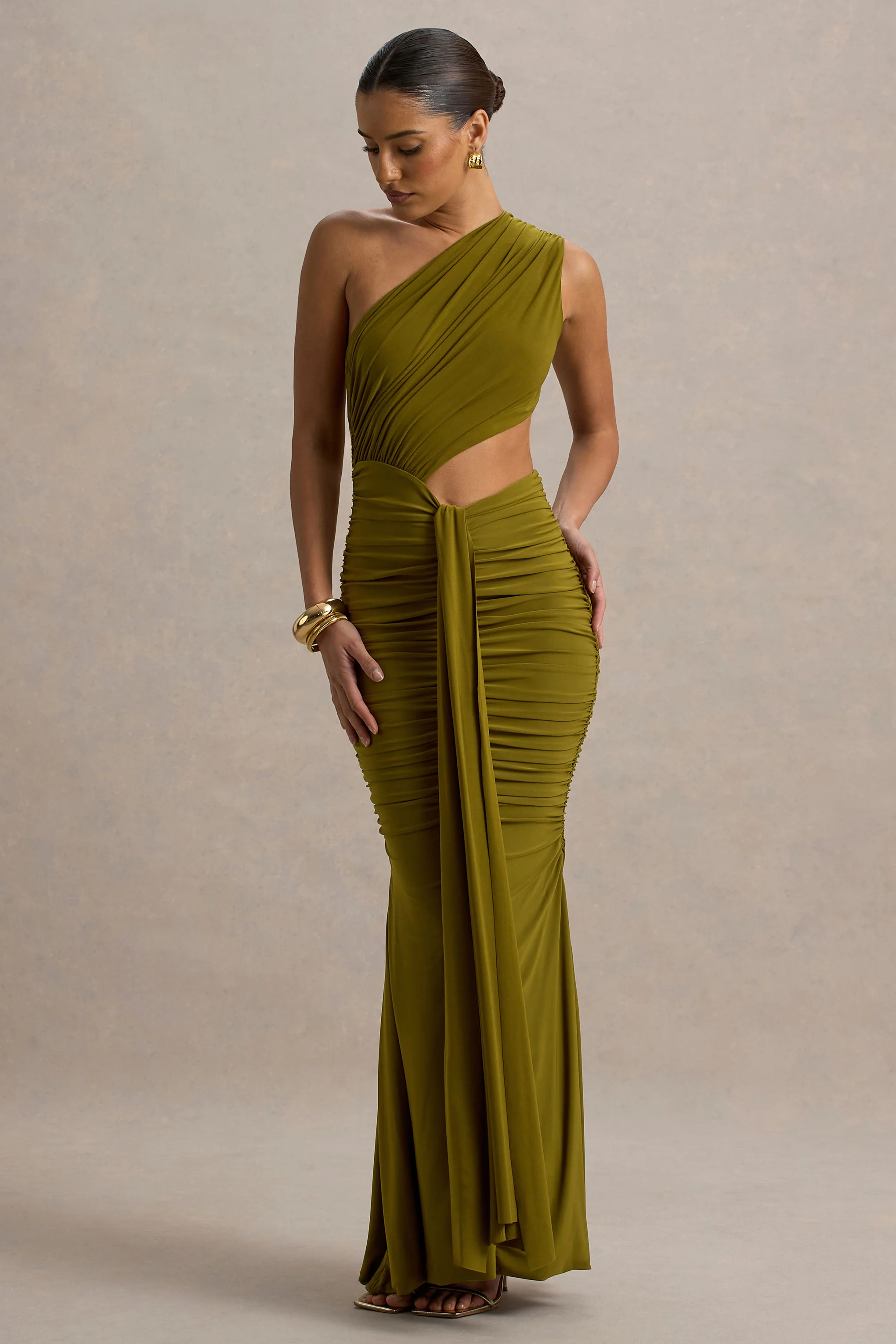 Green One-Shoulder Cut-Out Maxi Dress With Drape