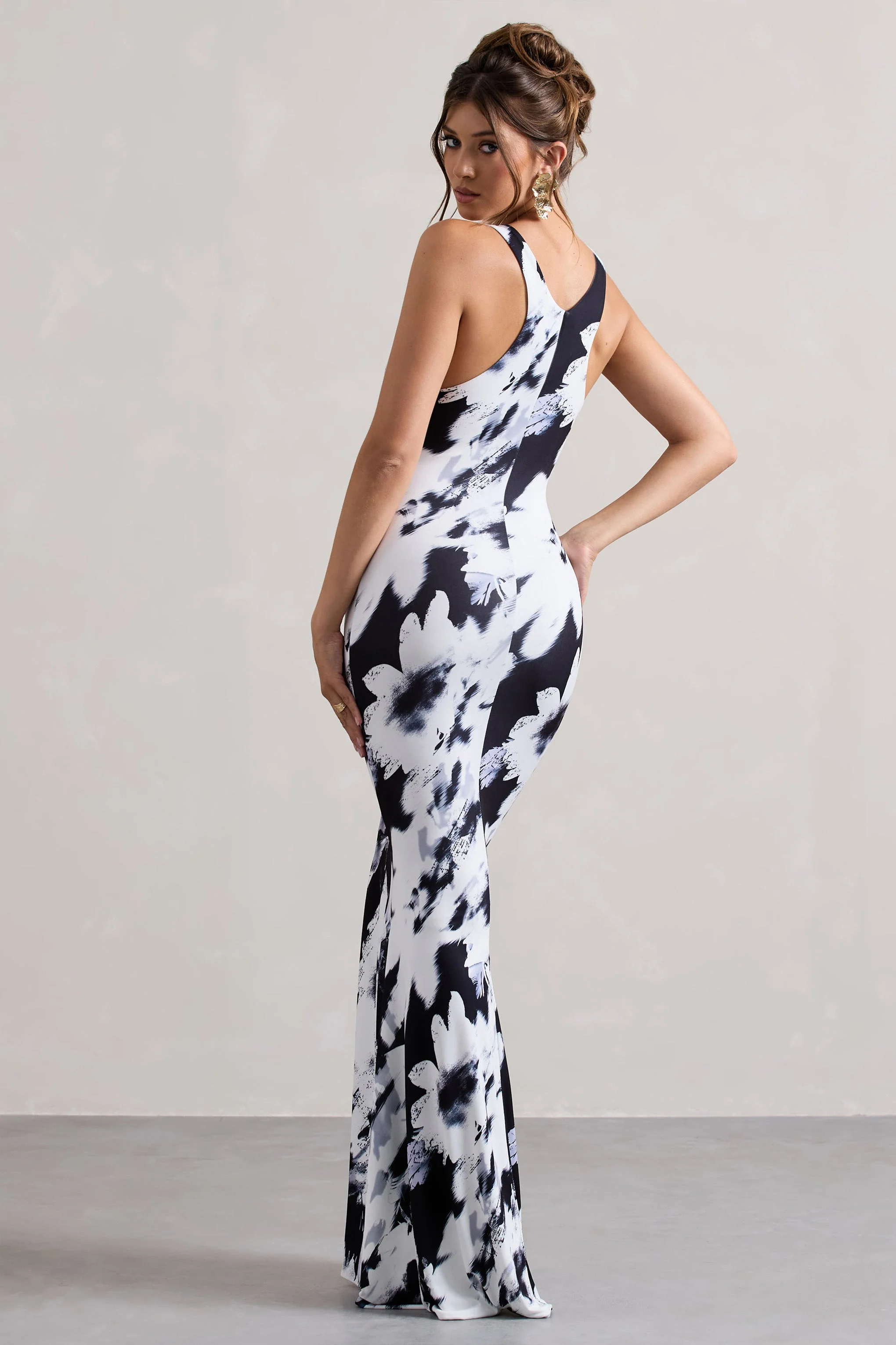 Monochrome Floral Print Square-Neck Maxi Dress