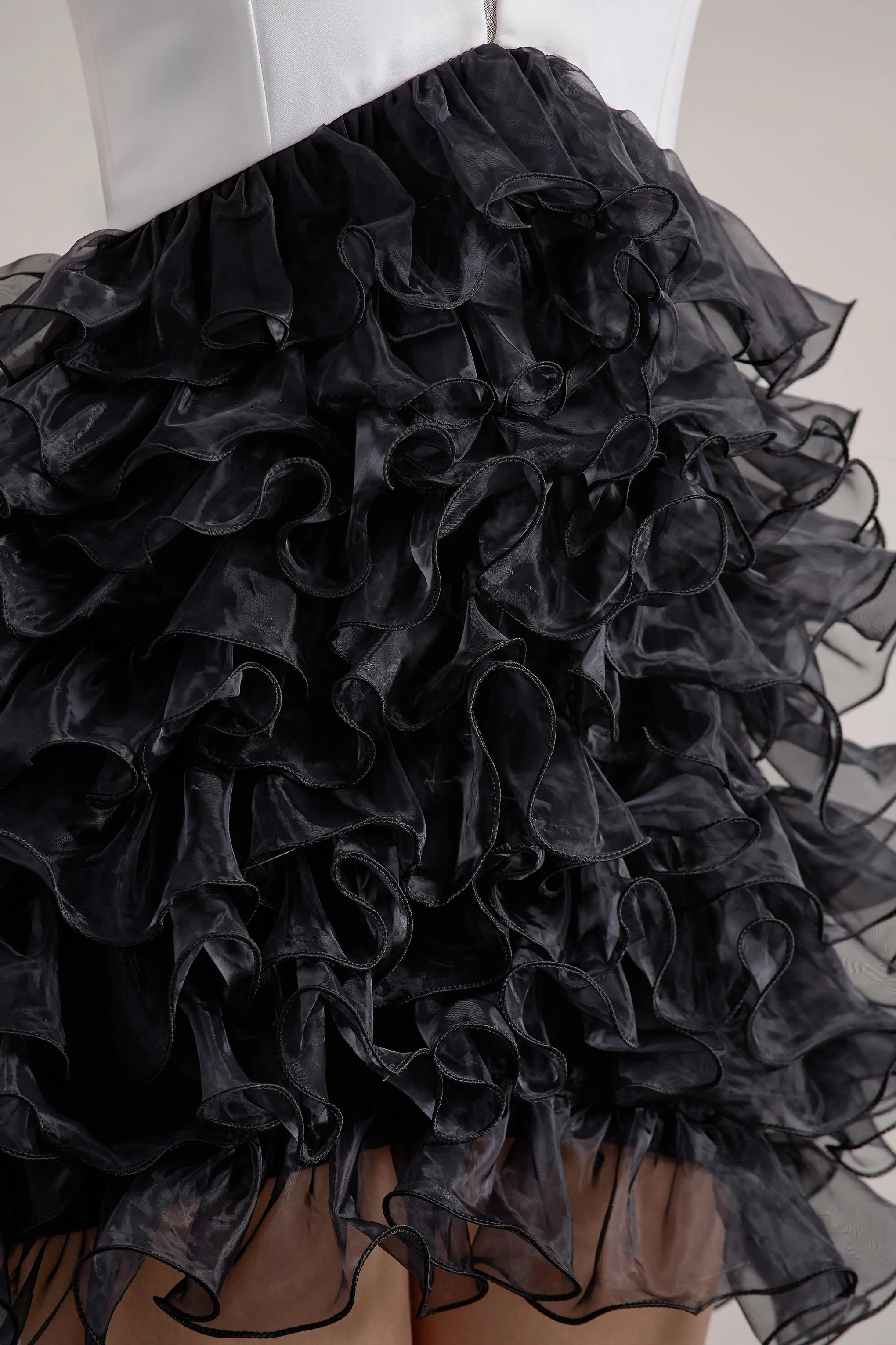 Black & White Plunge-Neck Mini Dress With Organza Skirt