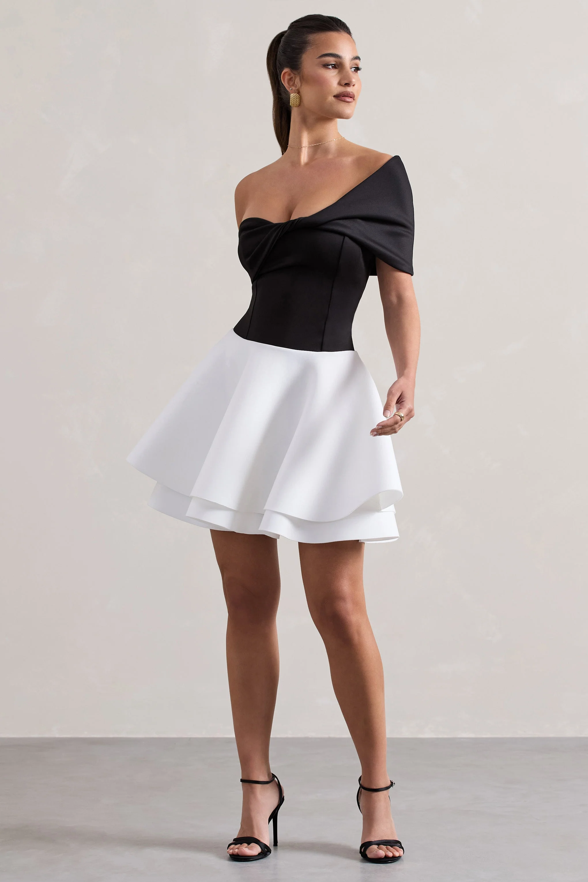 Black & White Twisted Bardot Skater Mini Dress