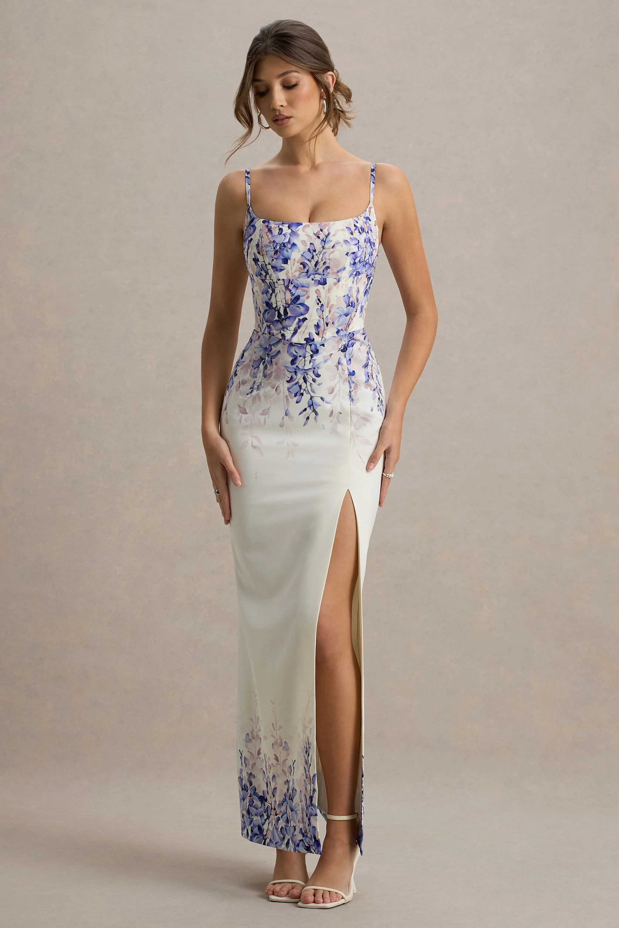 Wisteria Print Linen Split Maxi Dress