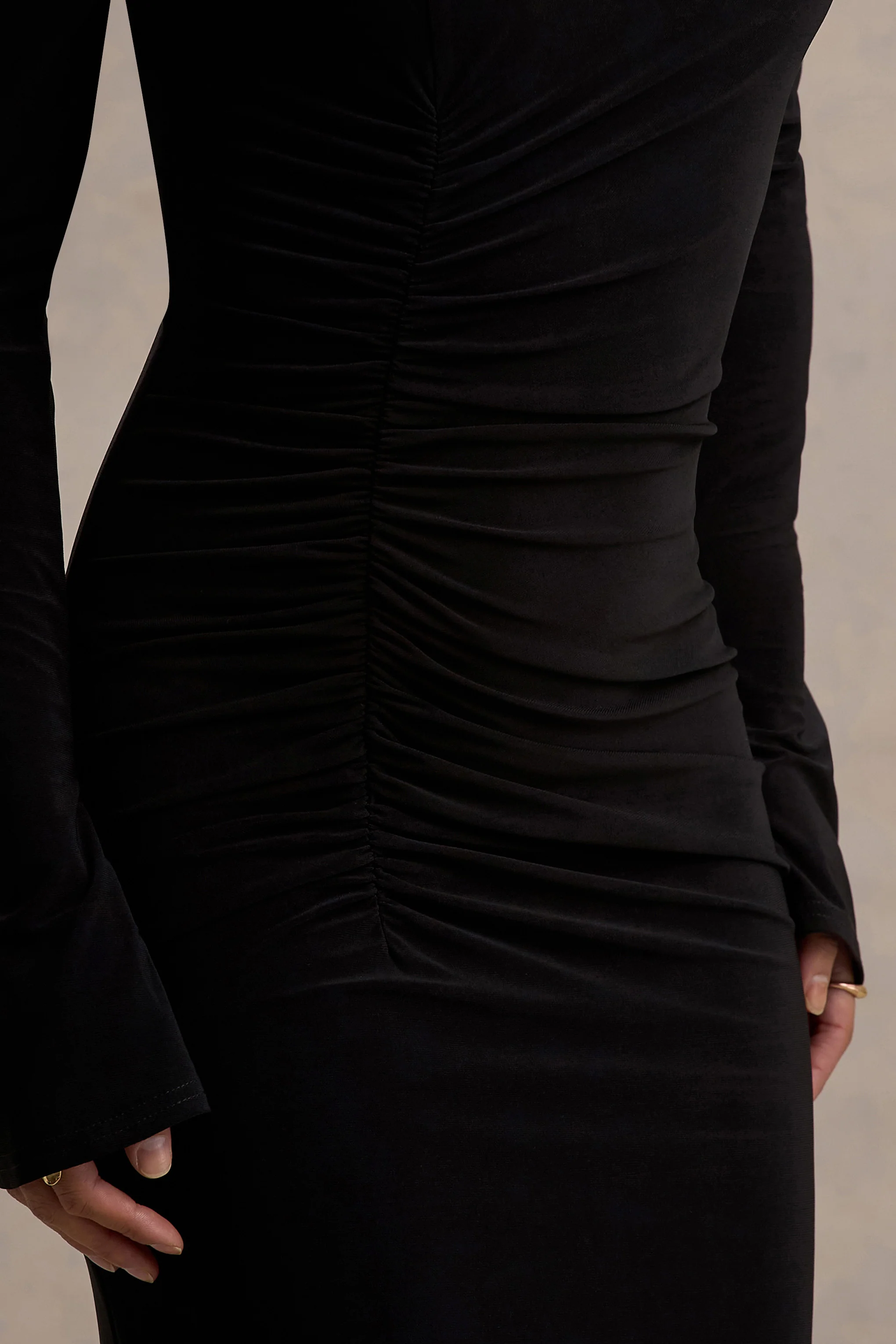Black High-Neck Long-Sleeve Midi Dress