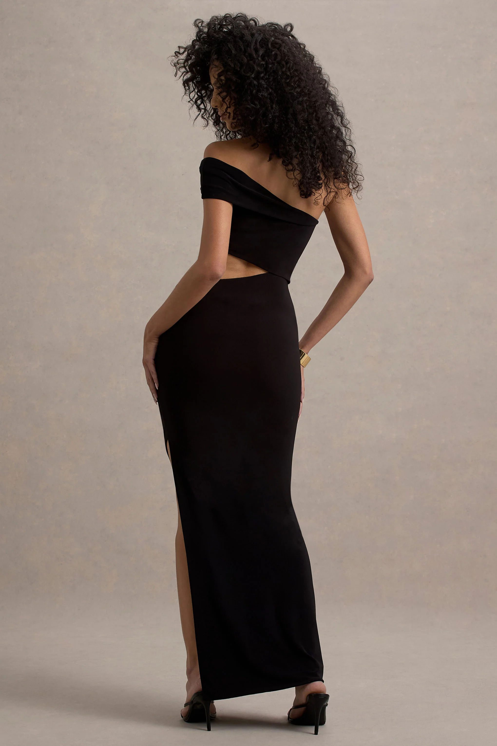 Black One-Shoulder Cut-Out Maxi Dress With Split