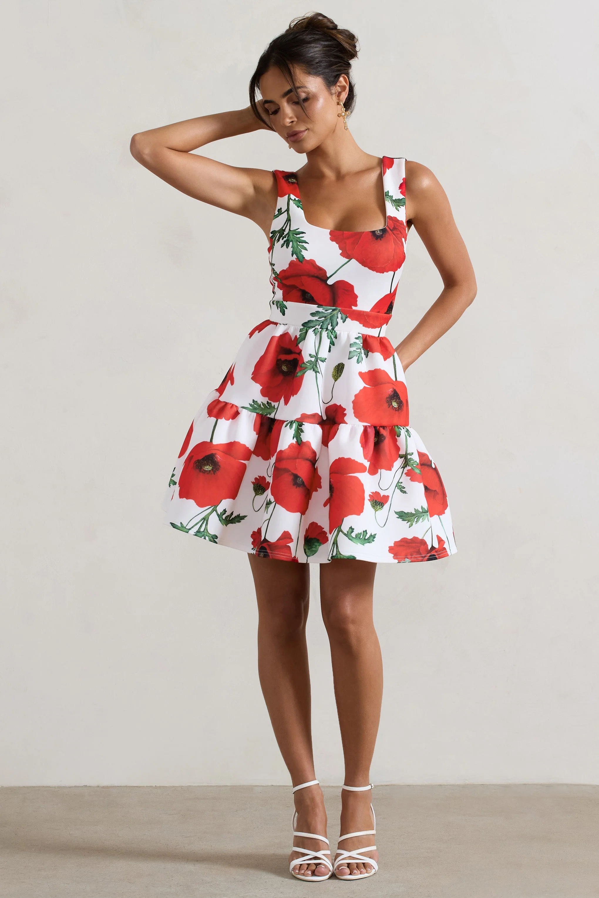 Poppy Print Scoop-Neck Tiered Volume Hem Mini Dress