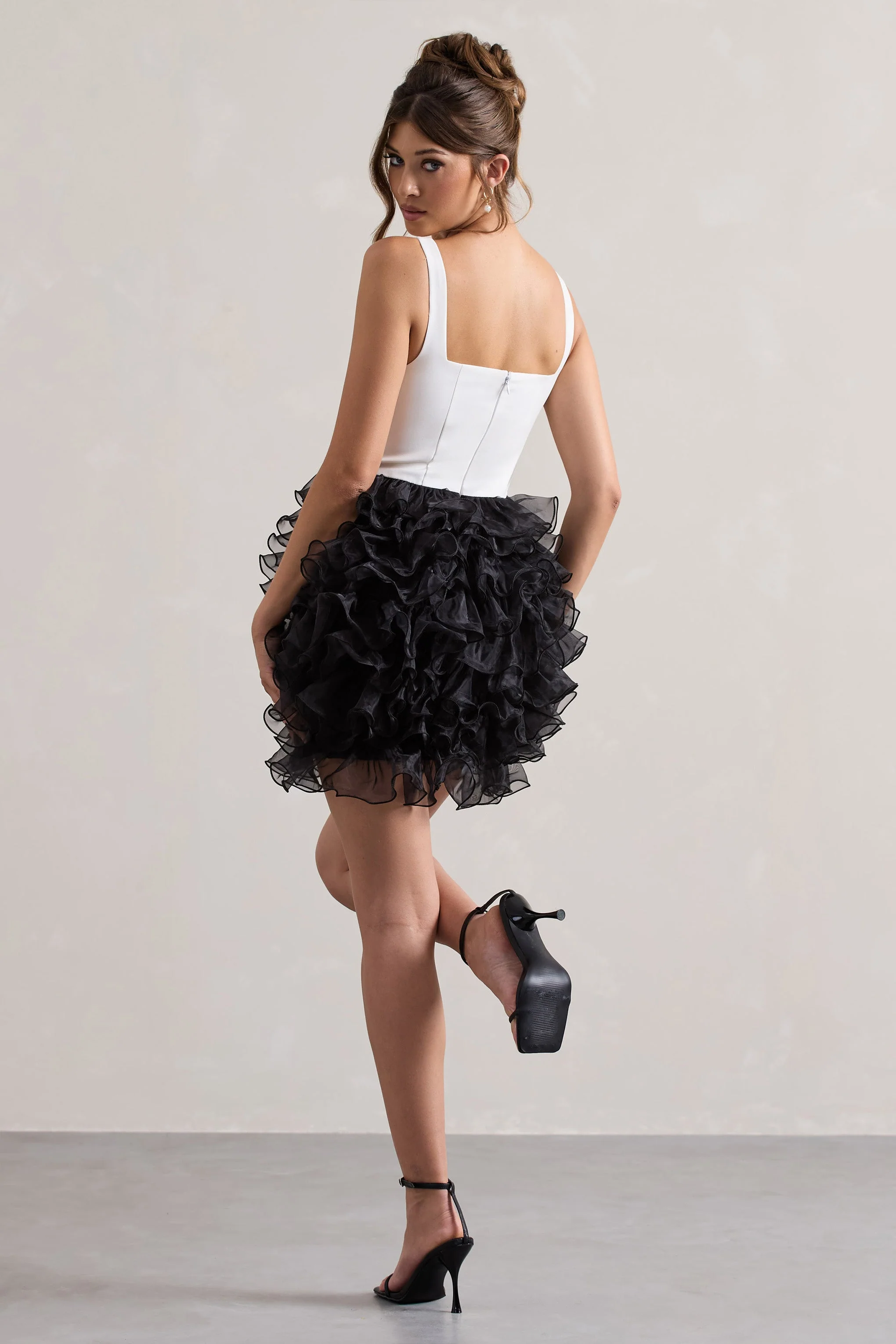 Black & White Plunge-Neck Mini Dress With Organza Skirt