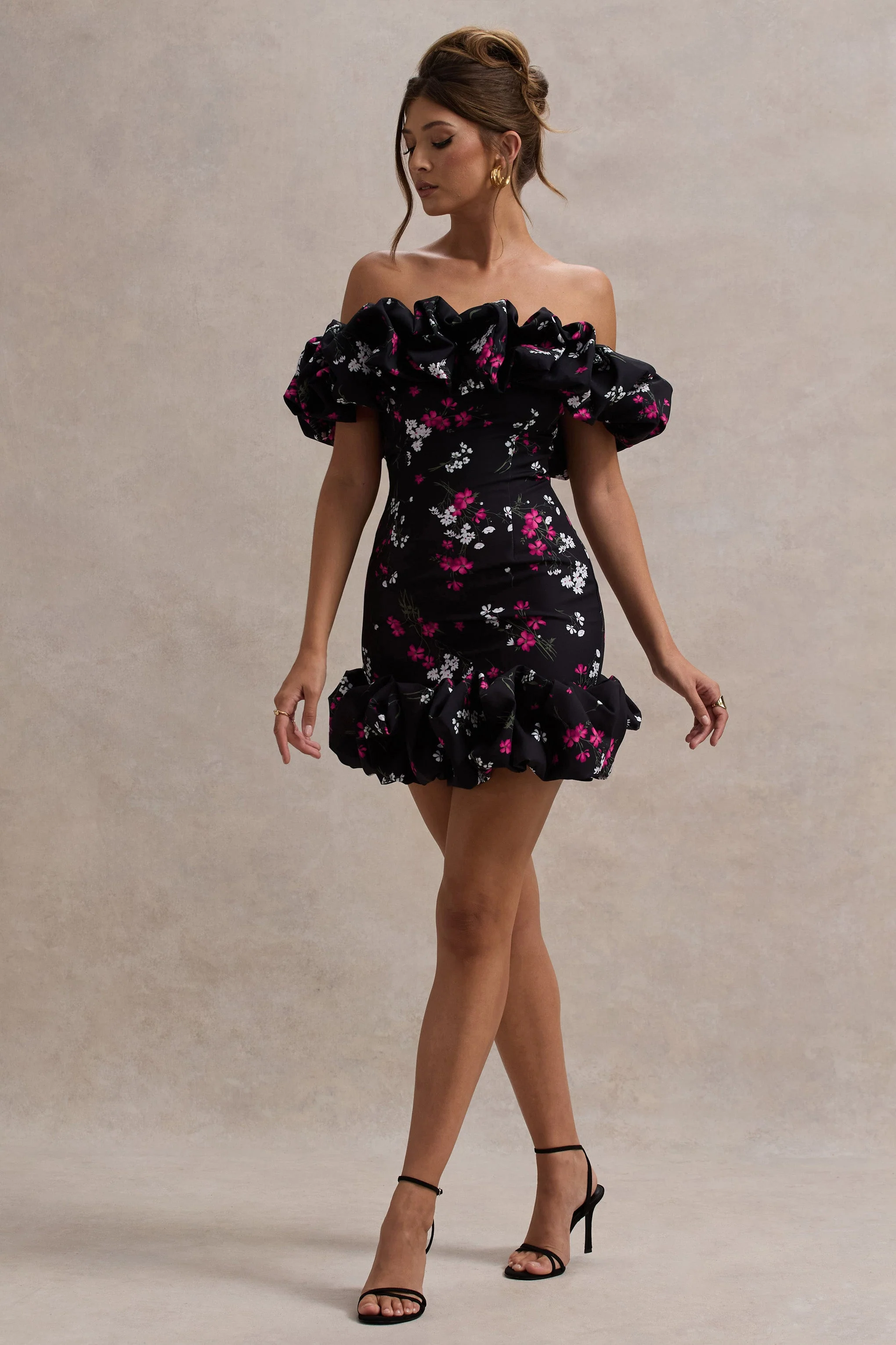 Black Ditsy Floral Print Ruffled Bardot Mini Dress