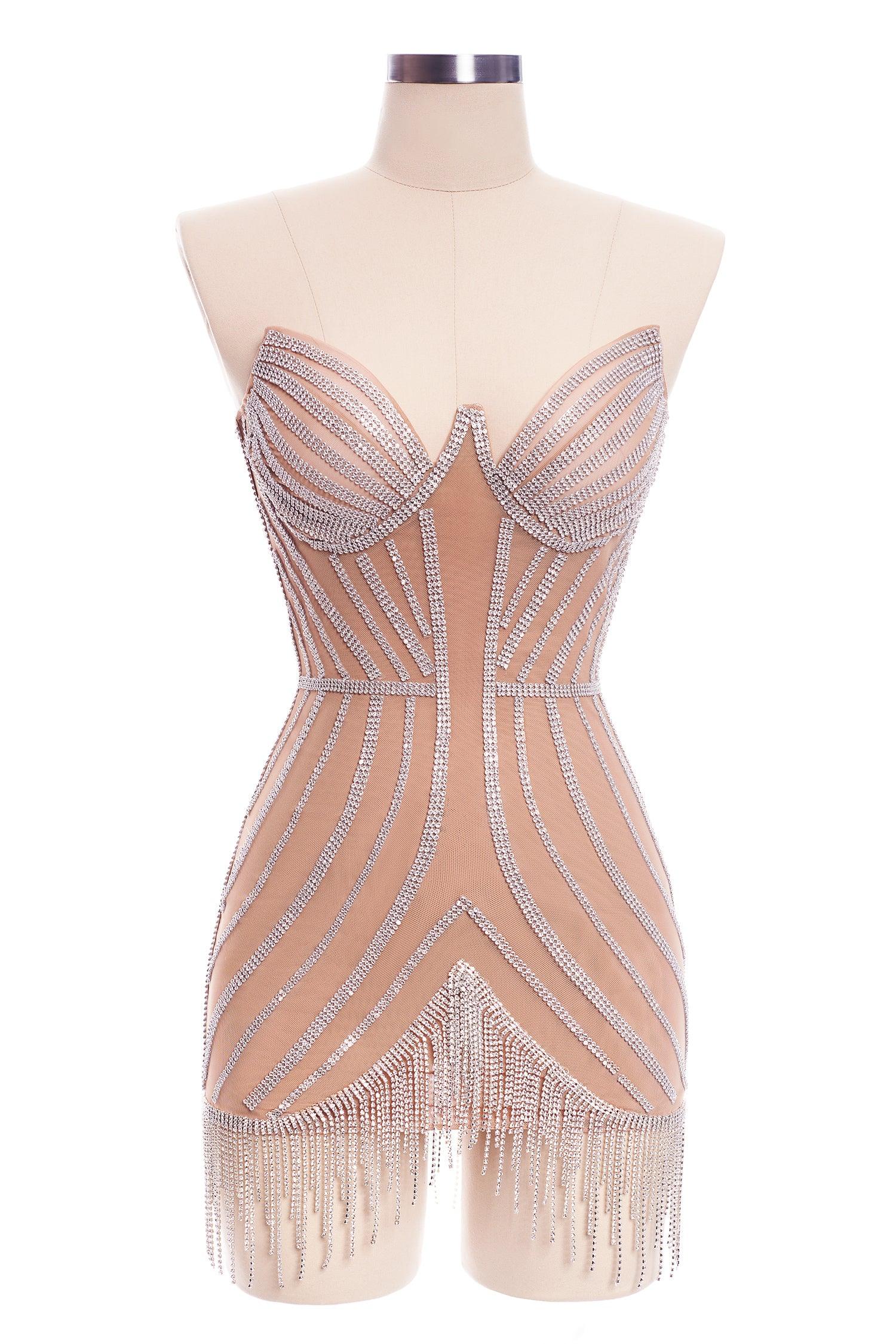 Rhinestone Fringe Mini Corset Dress - Bellabarnett