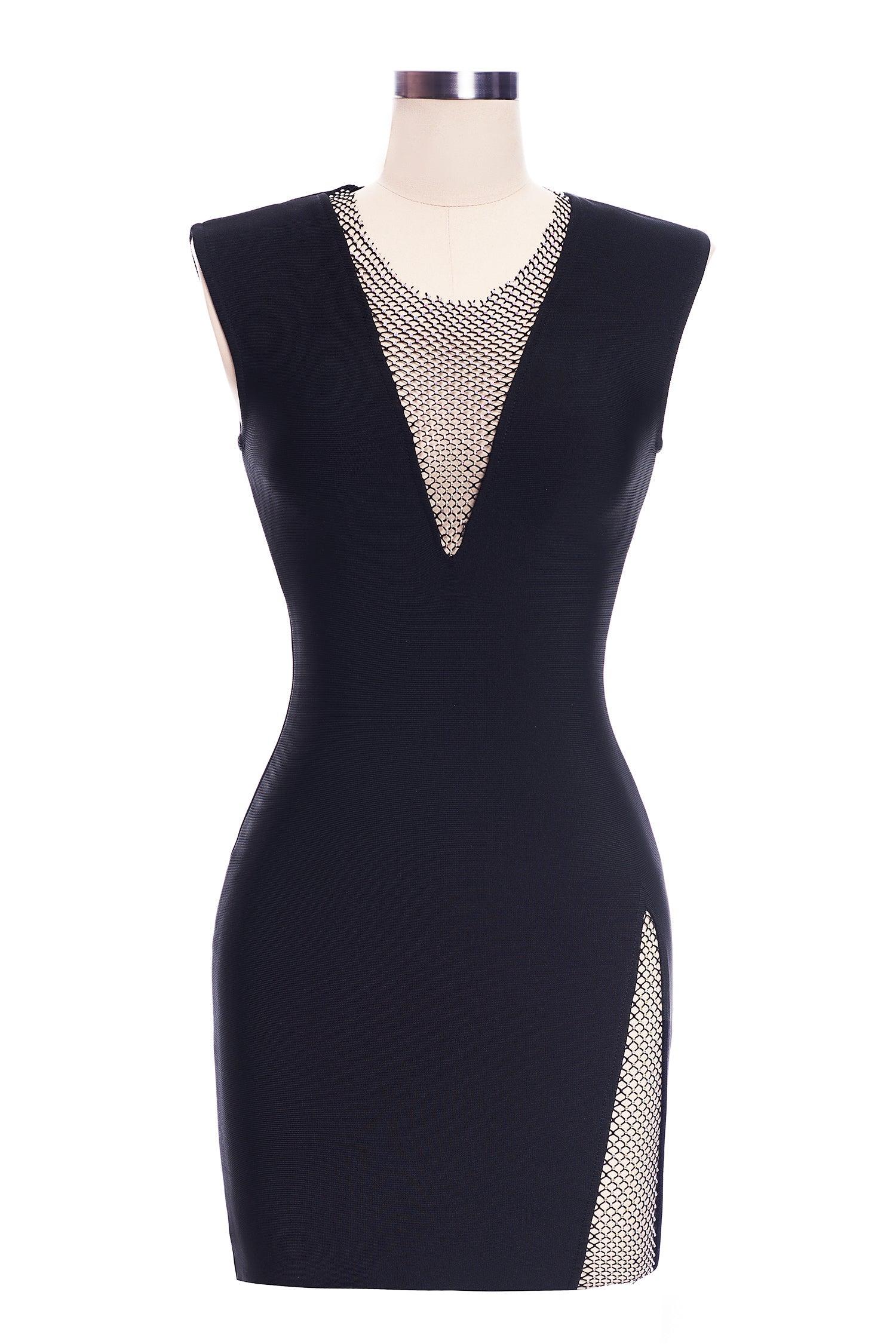 V Neck Bandage Bodycon Split Mini Dress - Classic Black - Bellabarnett
