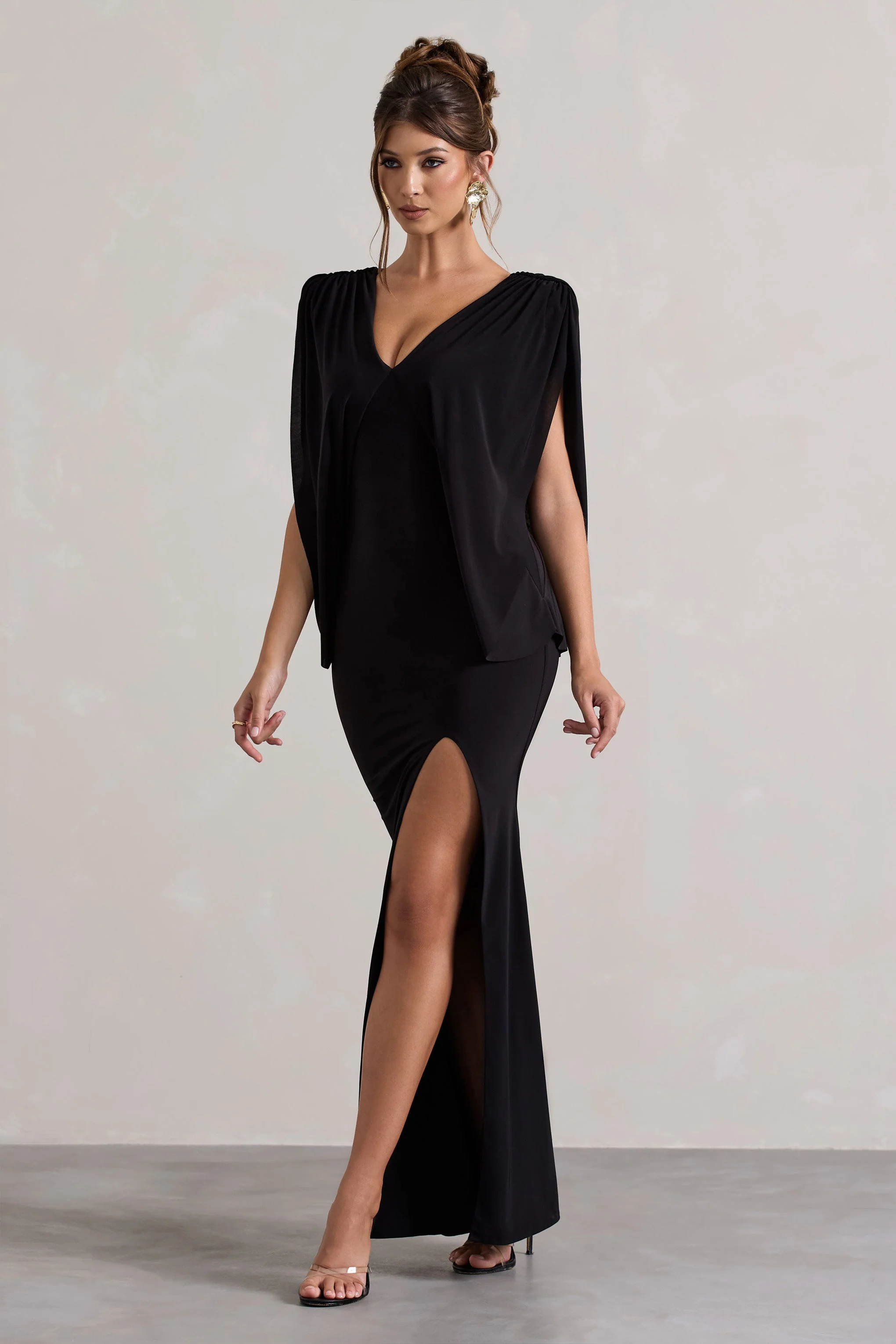 Black V-Neck Cape Sleeve Split Maxi Dress