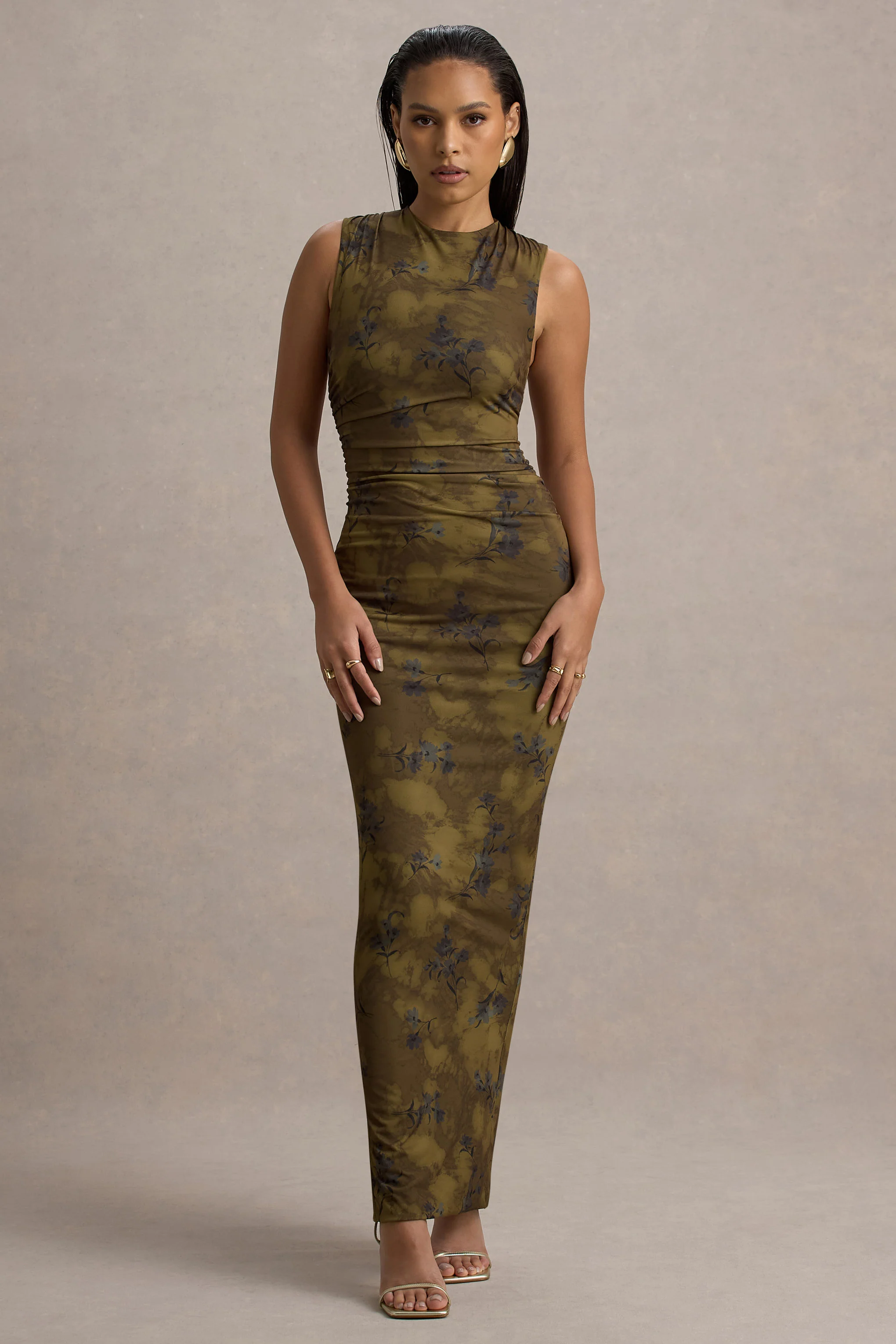 Yellow Floral Print Bodycon Maxi Dress