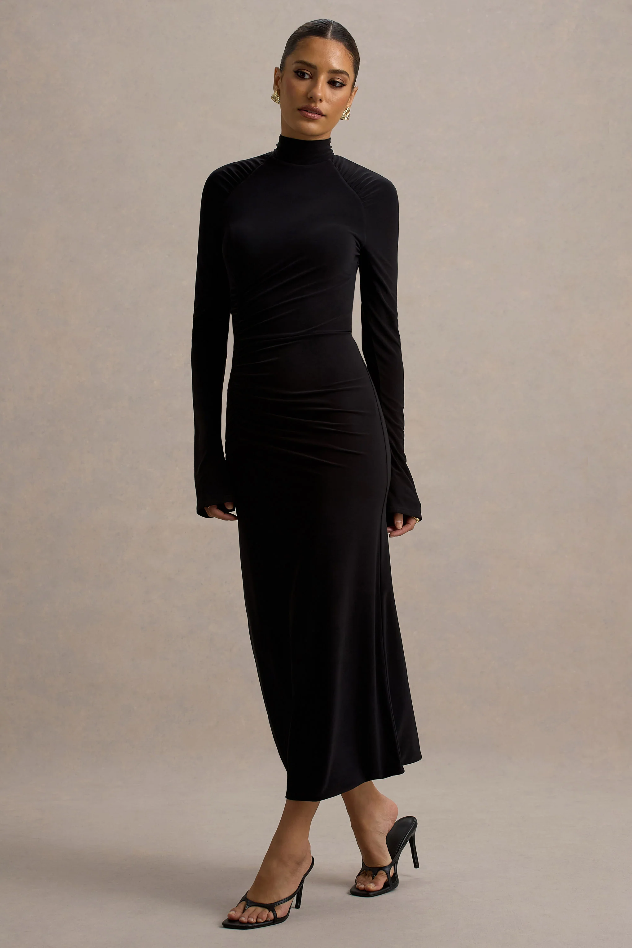 Black High-Neck Long-Sleeve Midi Dress