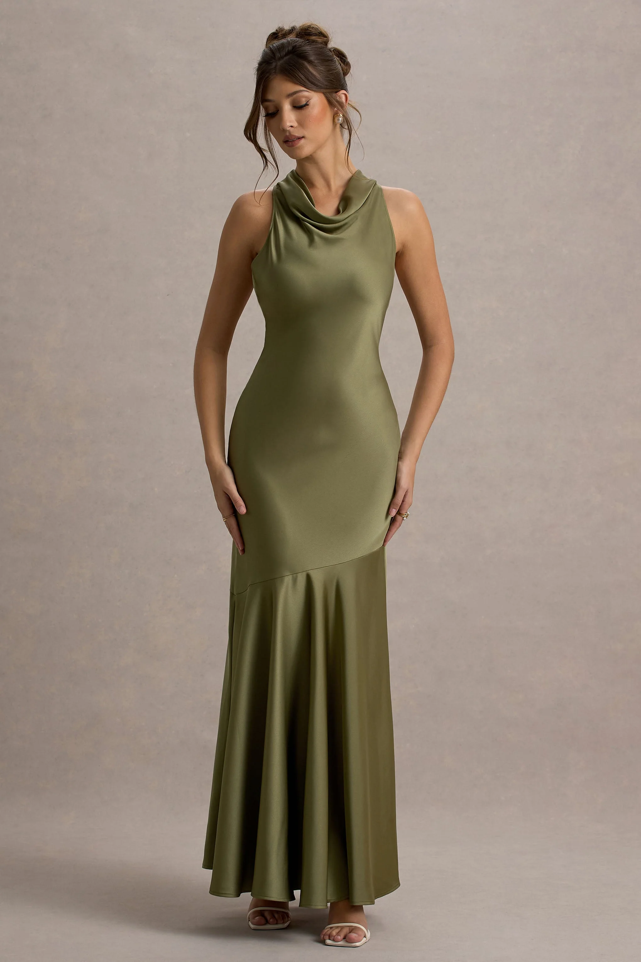 Khaki Satin Cowl-Neck Maxi Dress