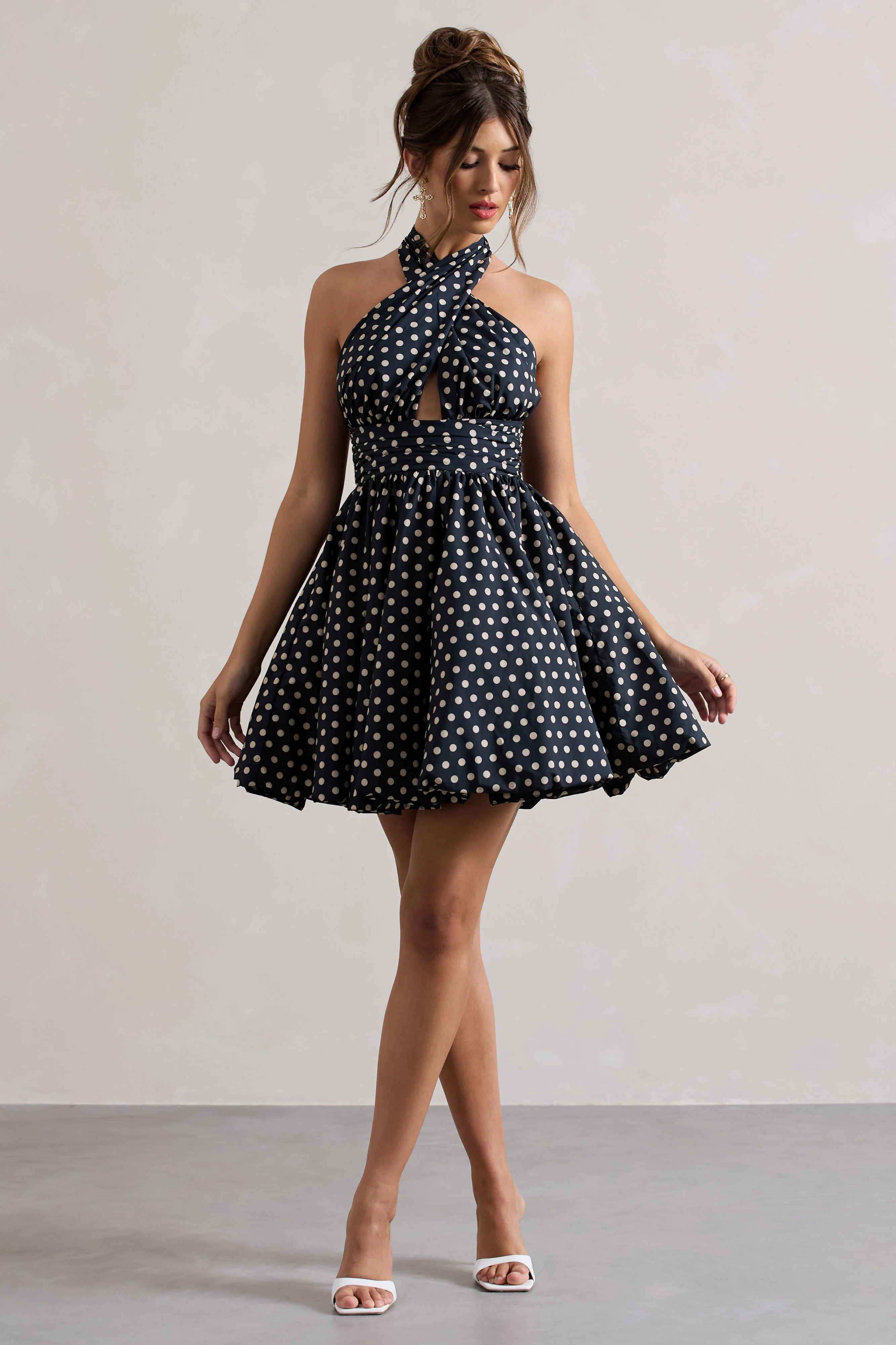 Navy Polka Dot Halter-Neck Mini Dress