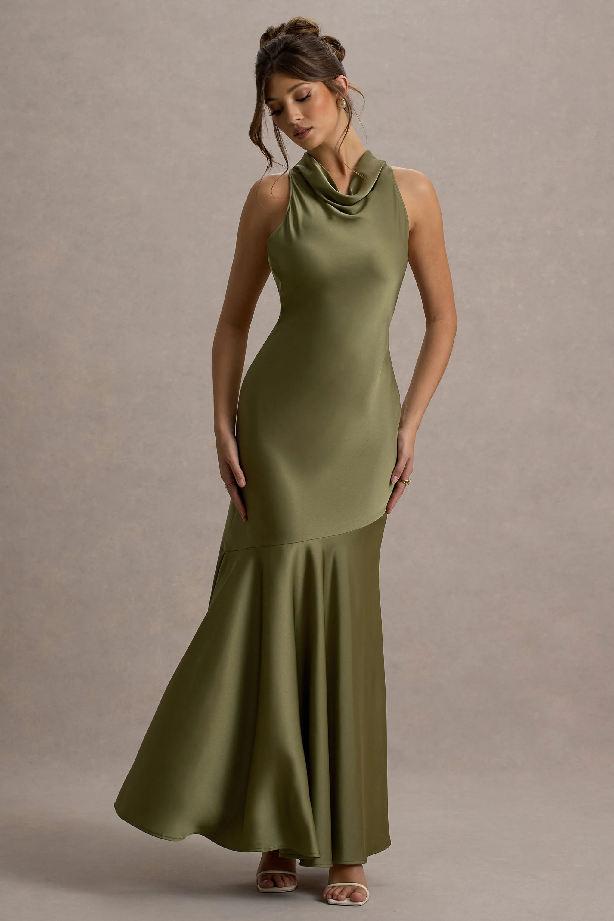 Khaki Satin Cowl-Neck Maxi Dress