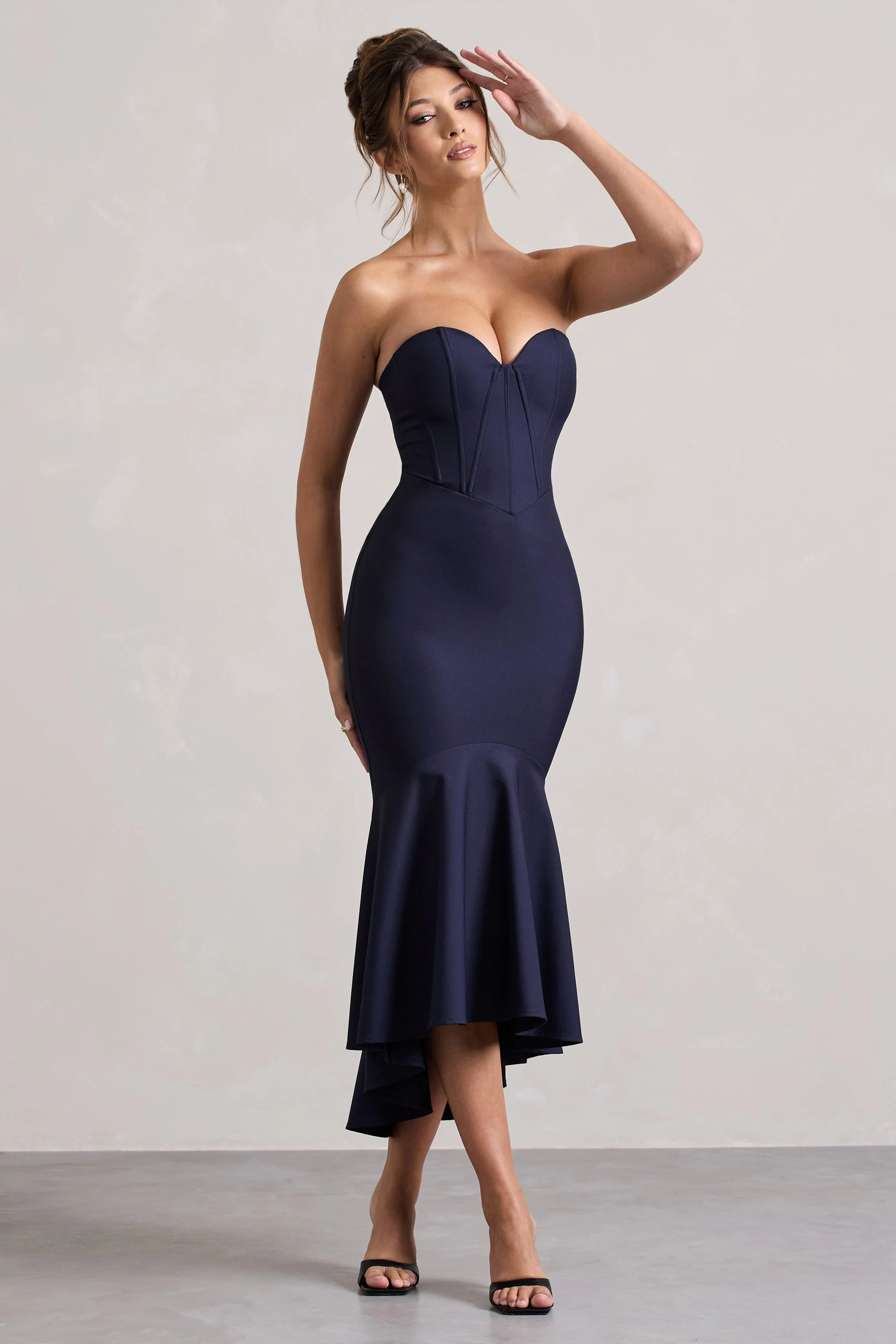 Navy Corset High-Low Midi Dress