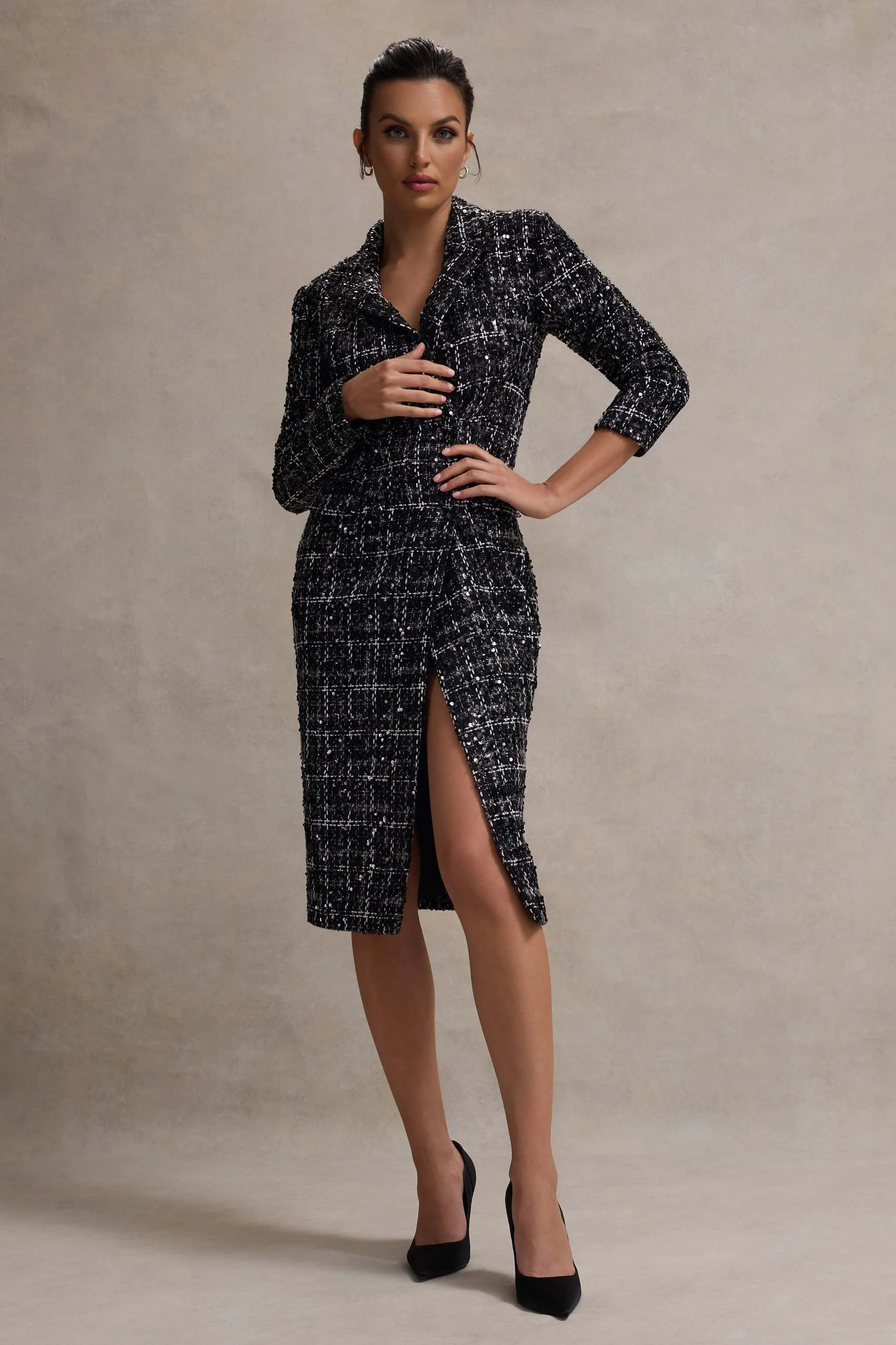 Black Boucle Tailored Blazer Midi Dress