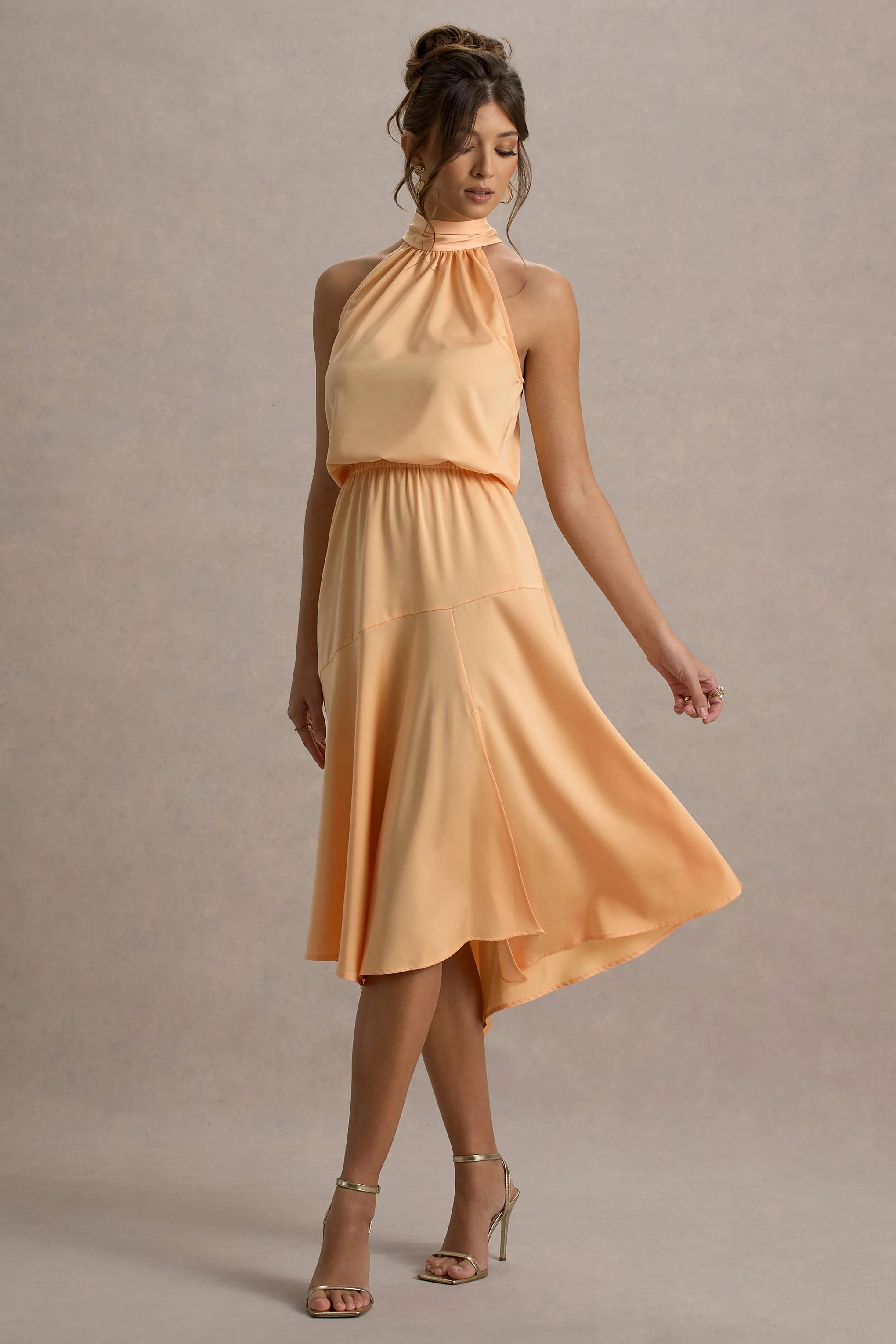 Peach Satin High-Neck Split Midi Dress