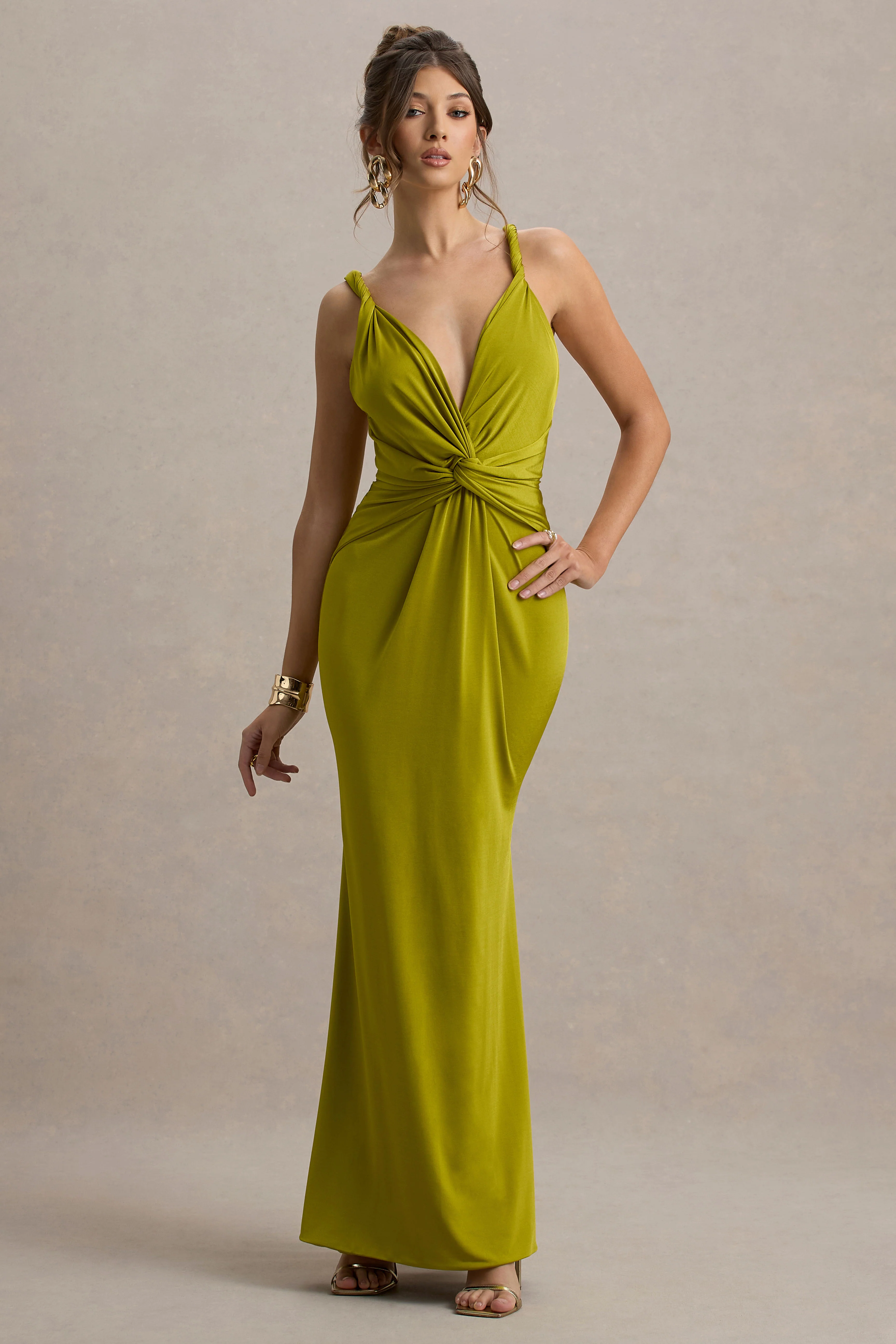 Green Twisted Plunge-Neck Maxi Dress
