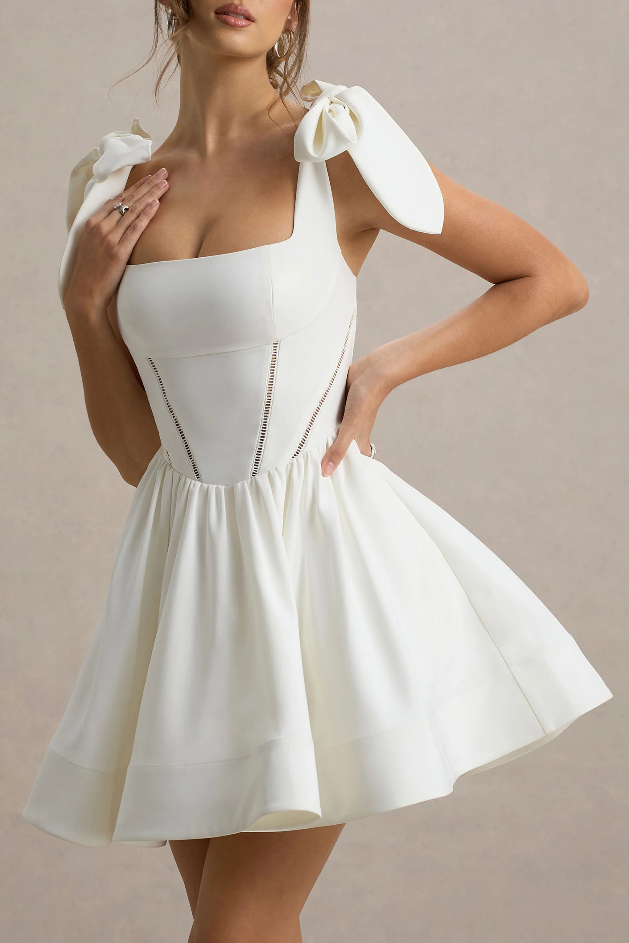 White Skater Mini Dress With Bow Straps