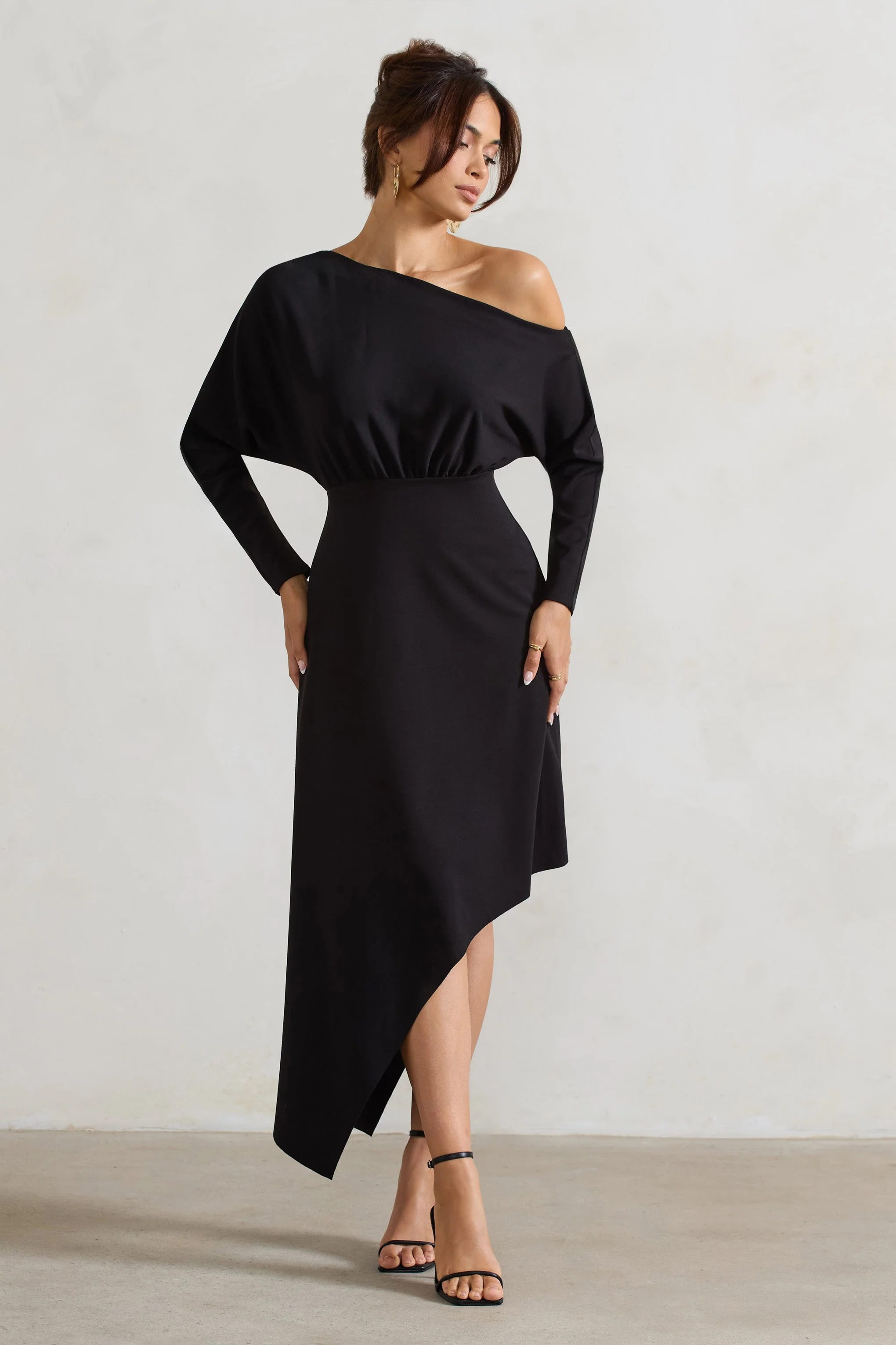 Black Asymmetric Long-Sleeve Maxi Dress