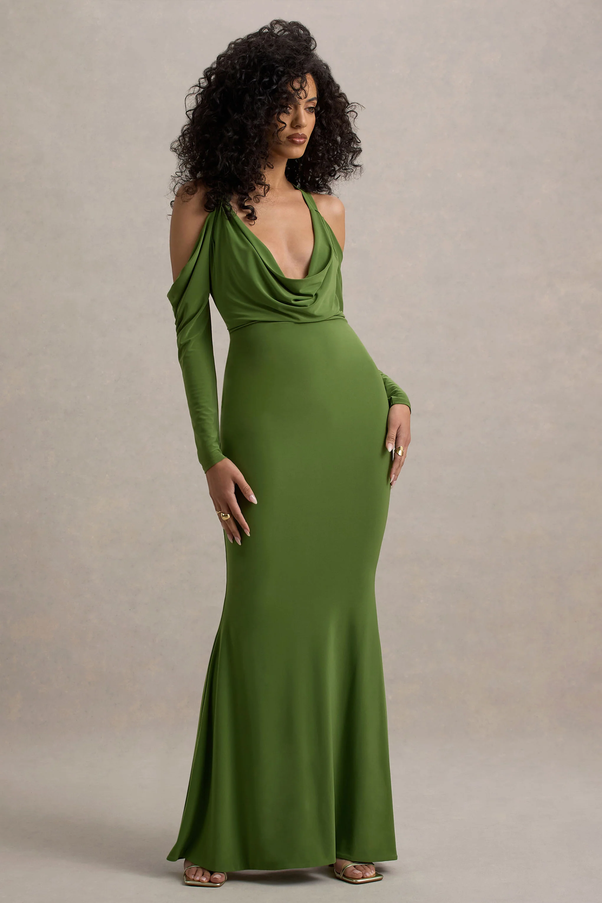 Green Plunge-Neck Long-Sleeve Maxi Dress
