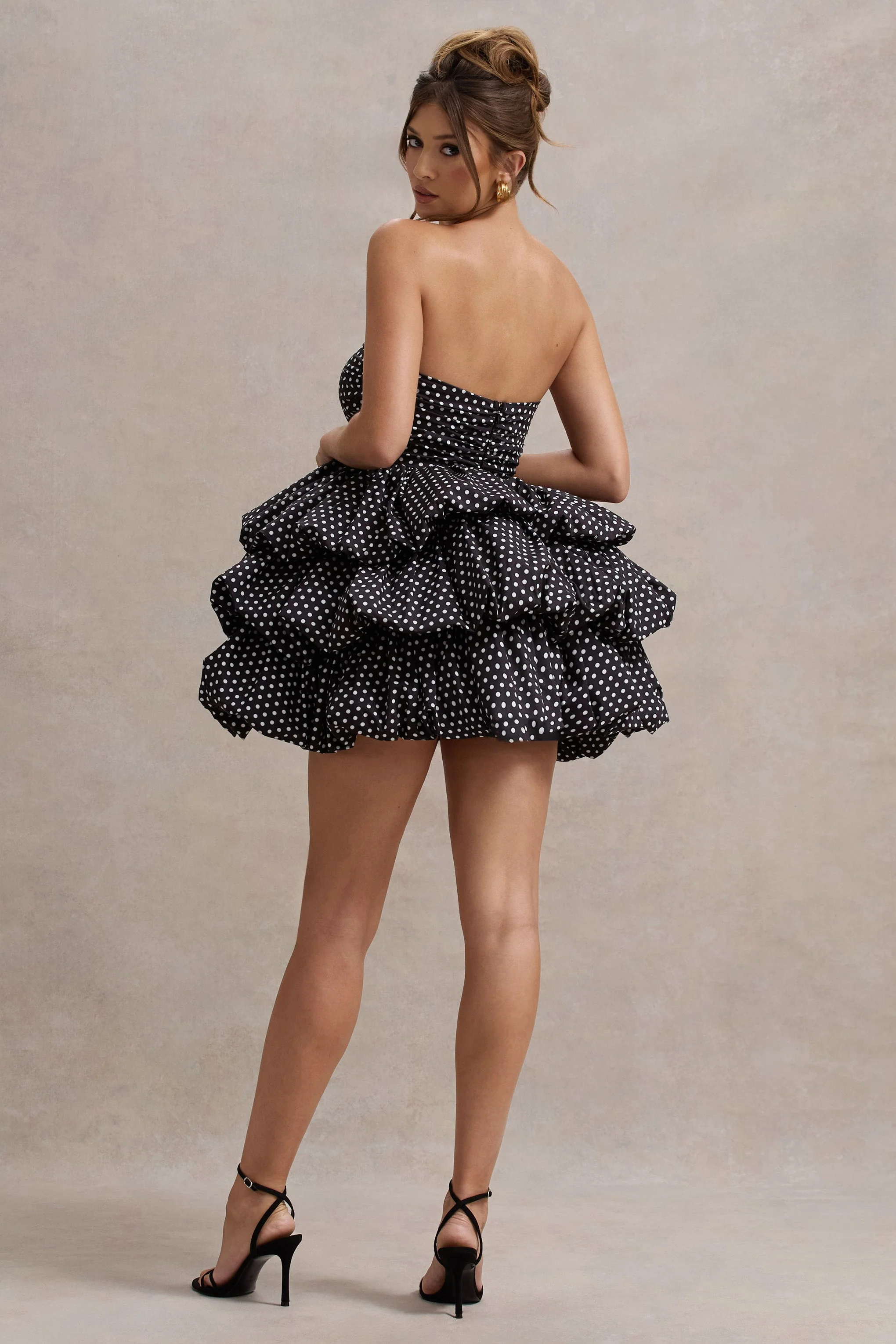 Black Polka Dot Strapless Ruffled Mini Dress