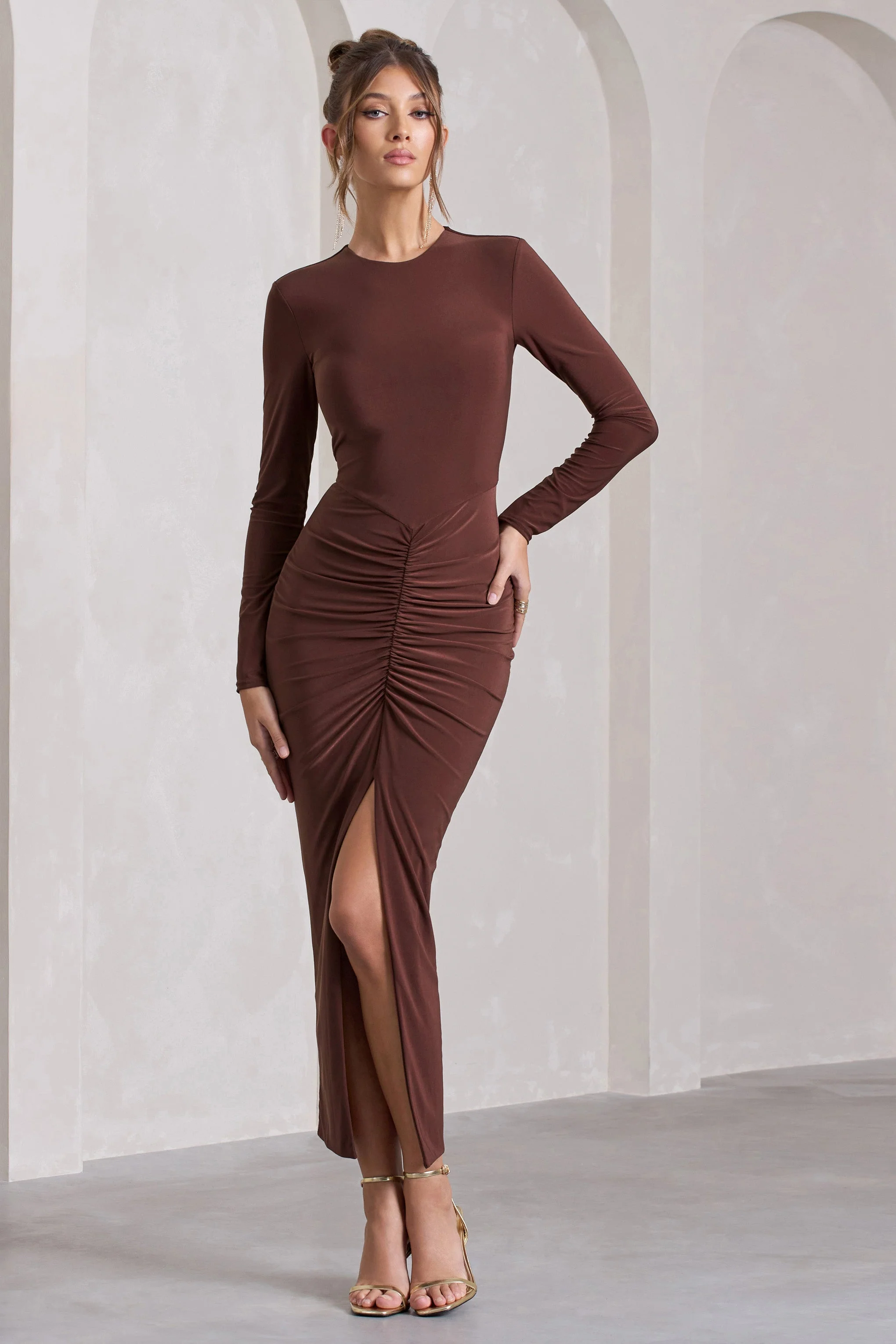 Chocolate Ruched Long-Sleeve Split Maxi Dress