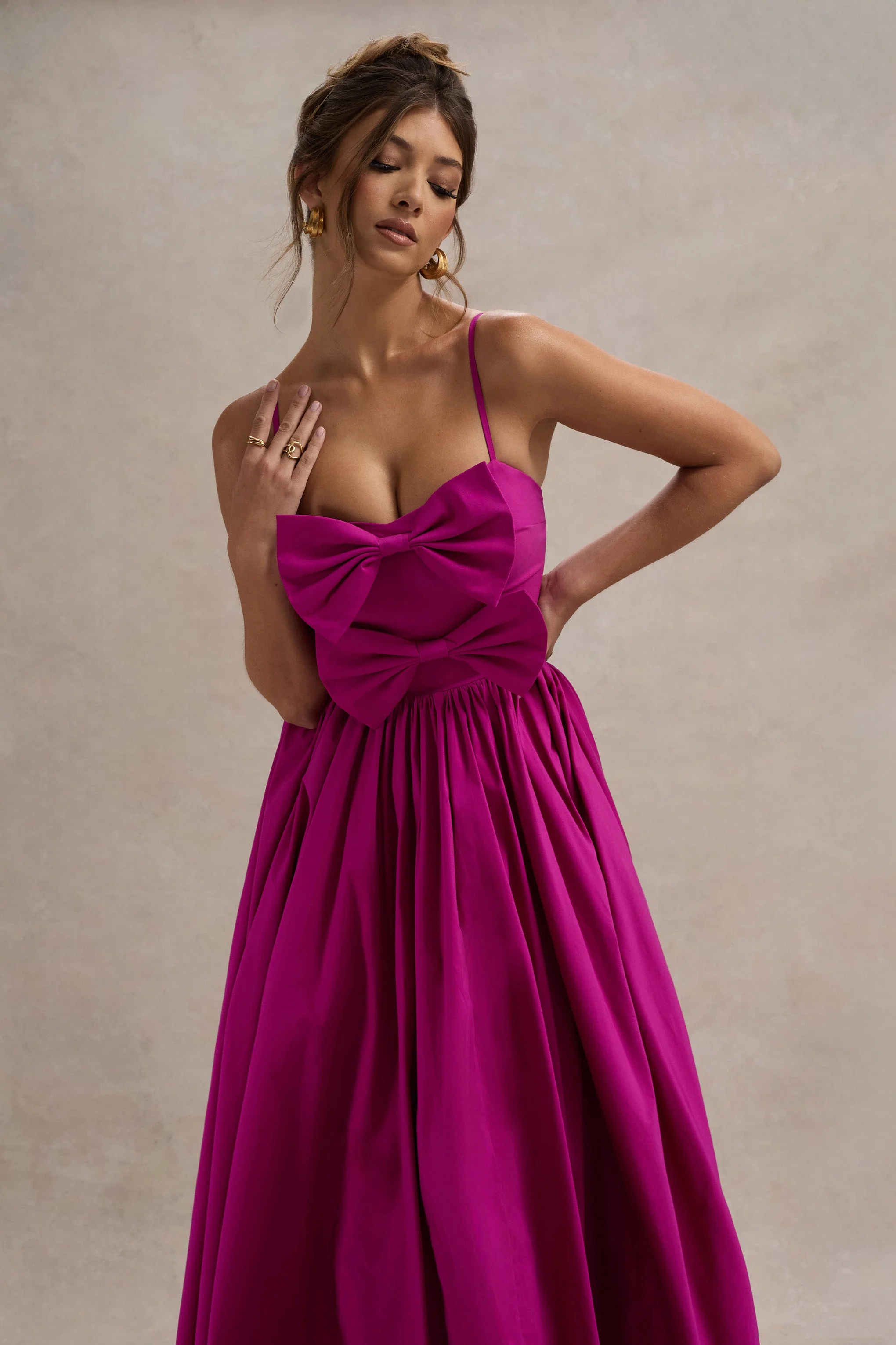 Fuschia Pink Strappy Pleated Maxi Dress With Bows