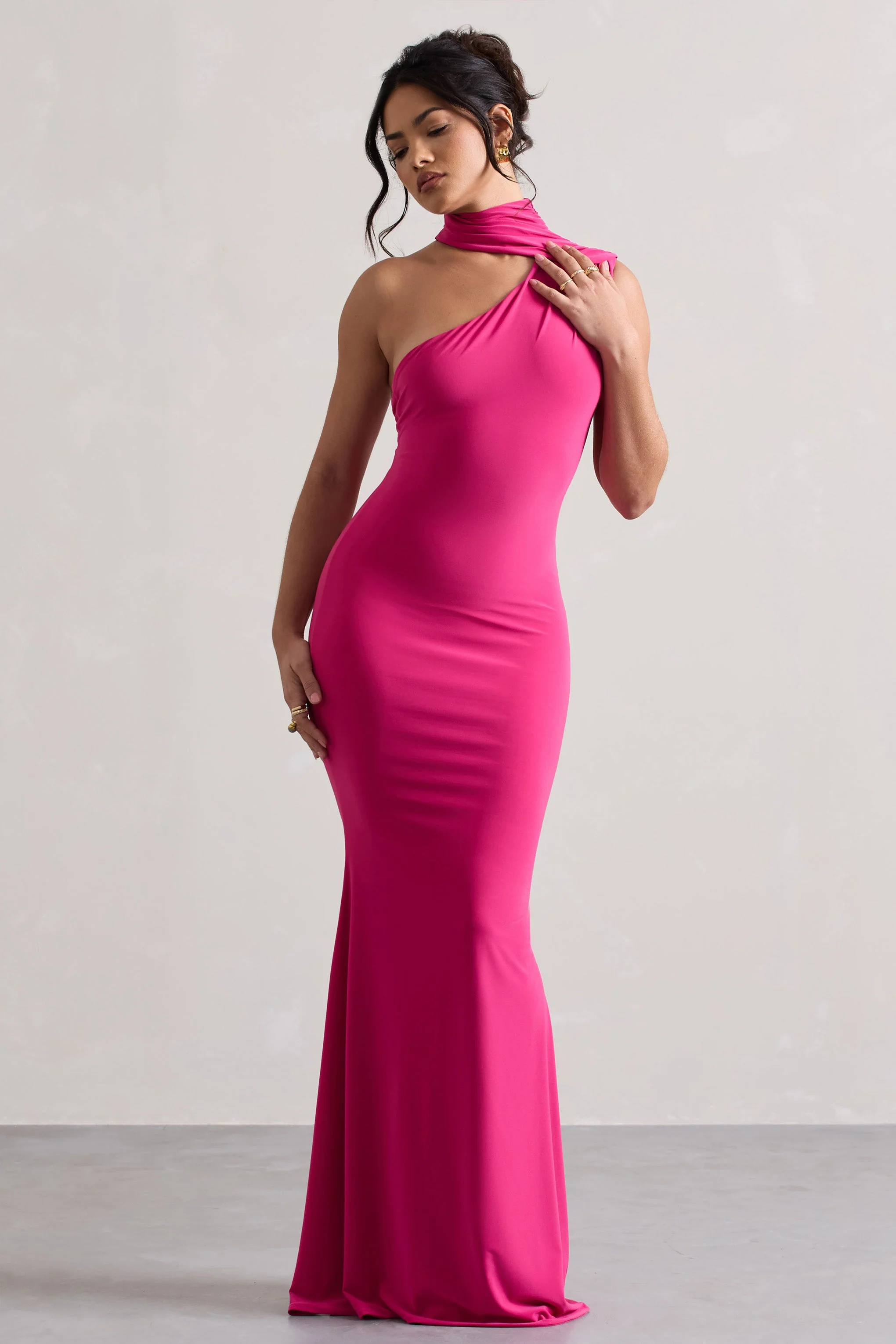 Pink One Shoulder Draped Maxi Dress