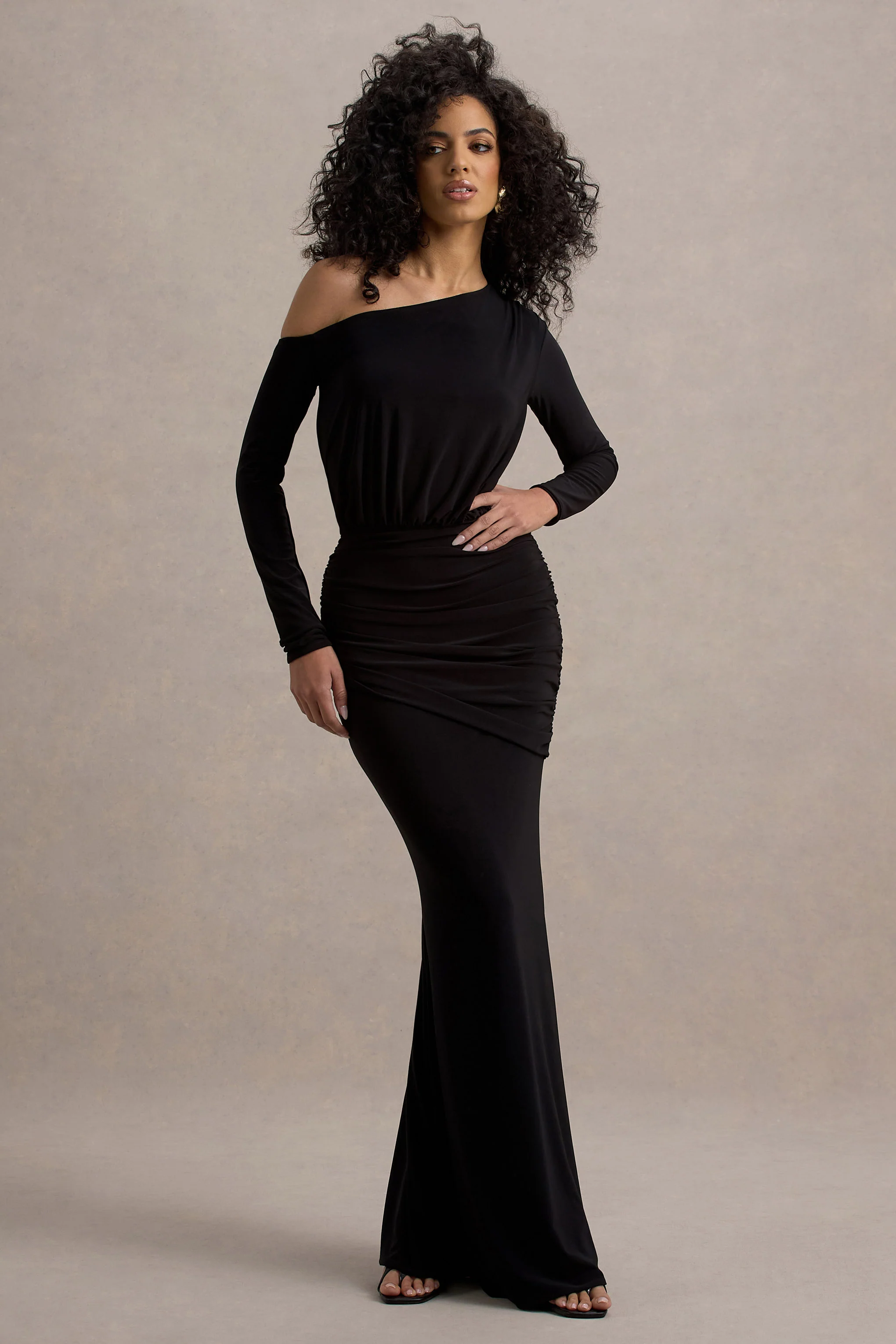 Black Asymmetric Long-Sleeve Ruched Maxi Dress