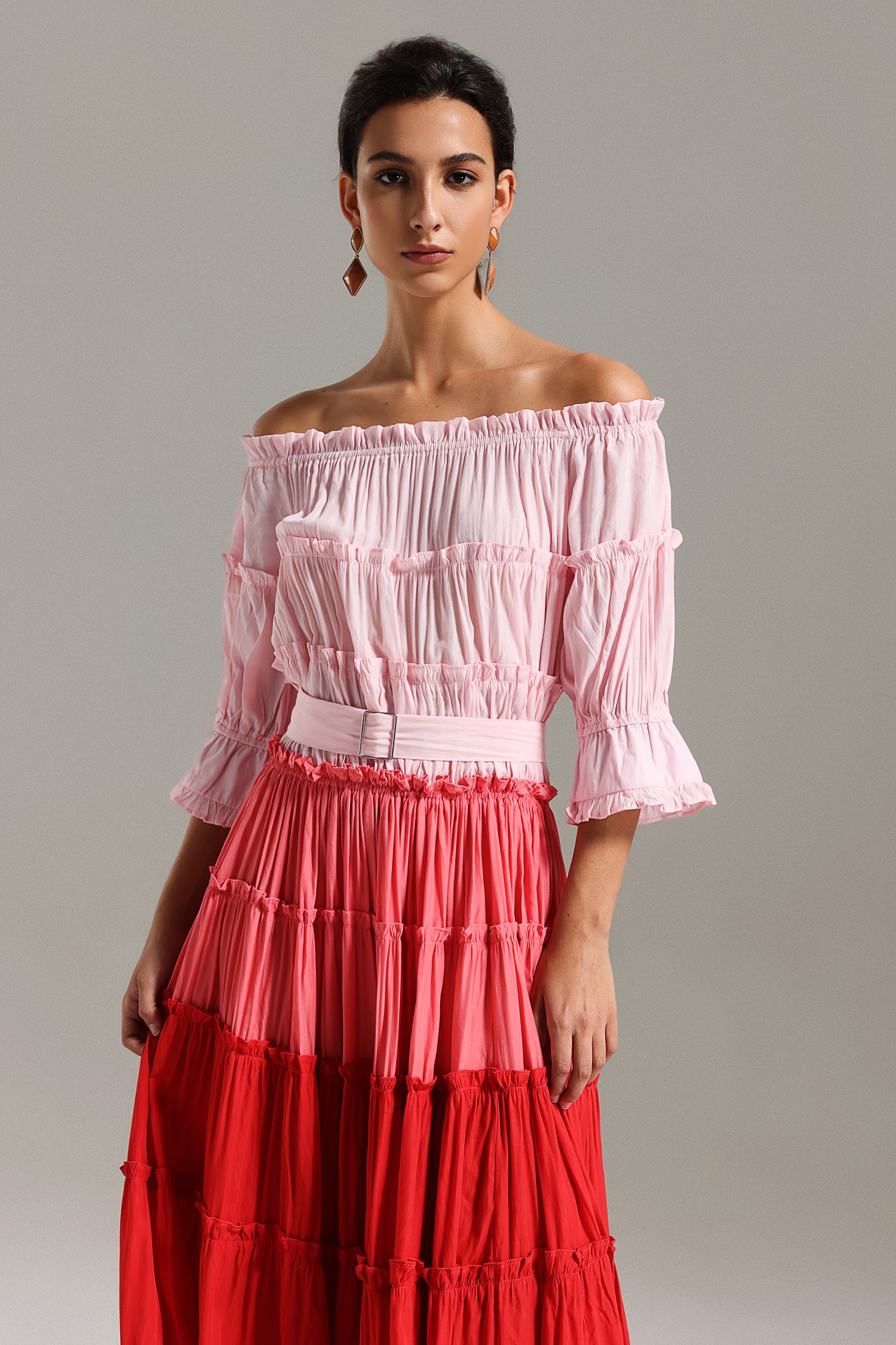 Erryn Flounced Off Shoulder Gradient Midi Dress
