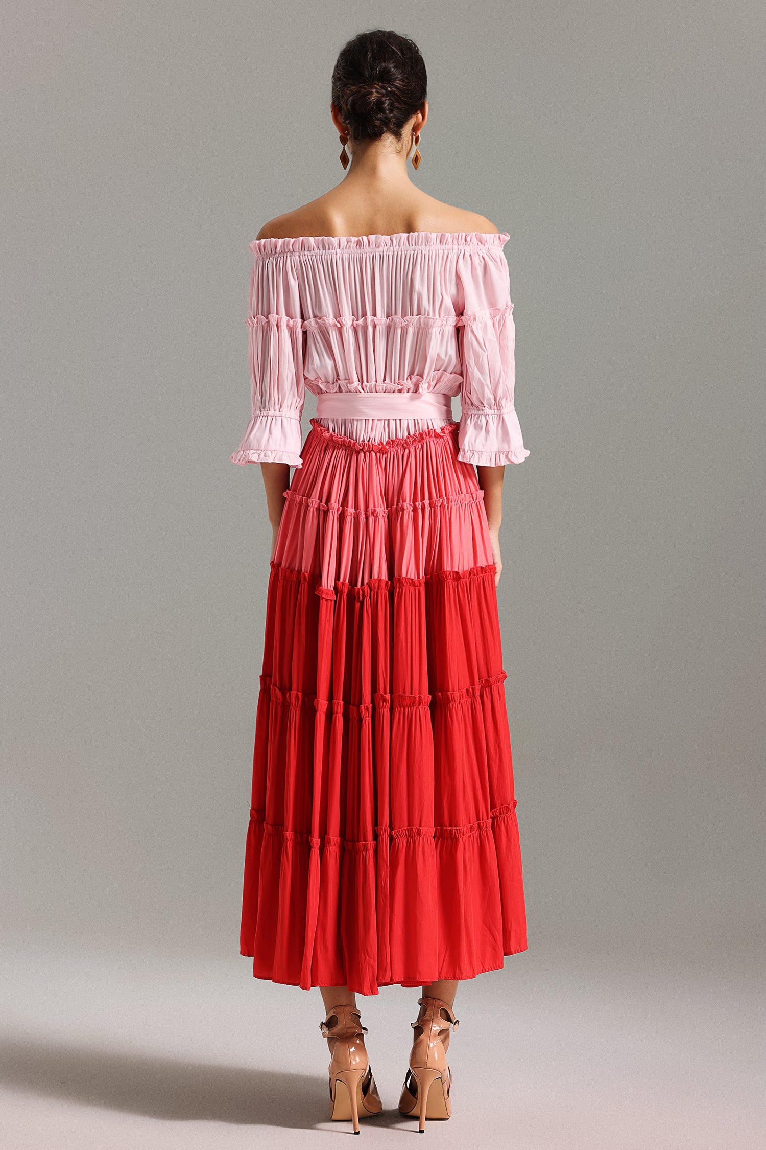 Erryn Flounced Off Shoulder Gradient Midi Dress