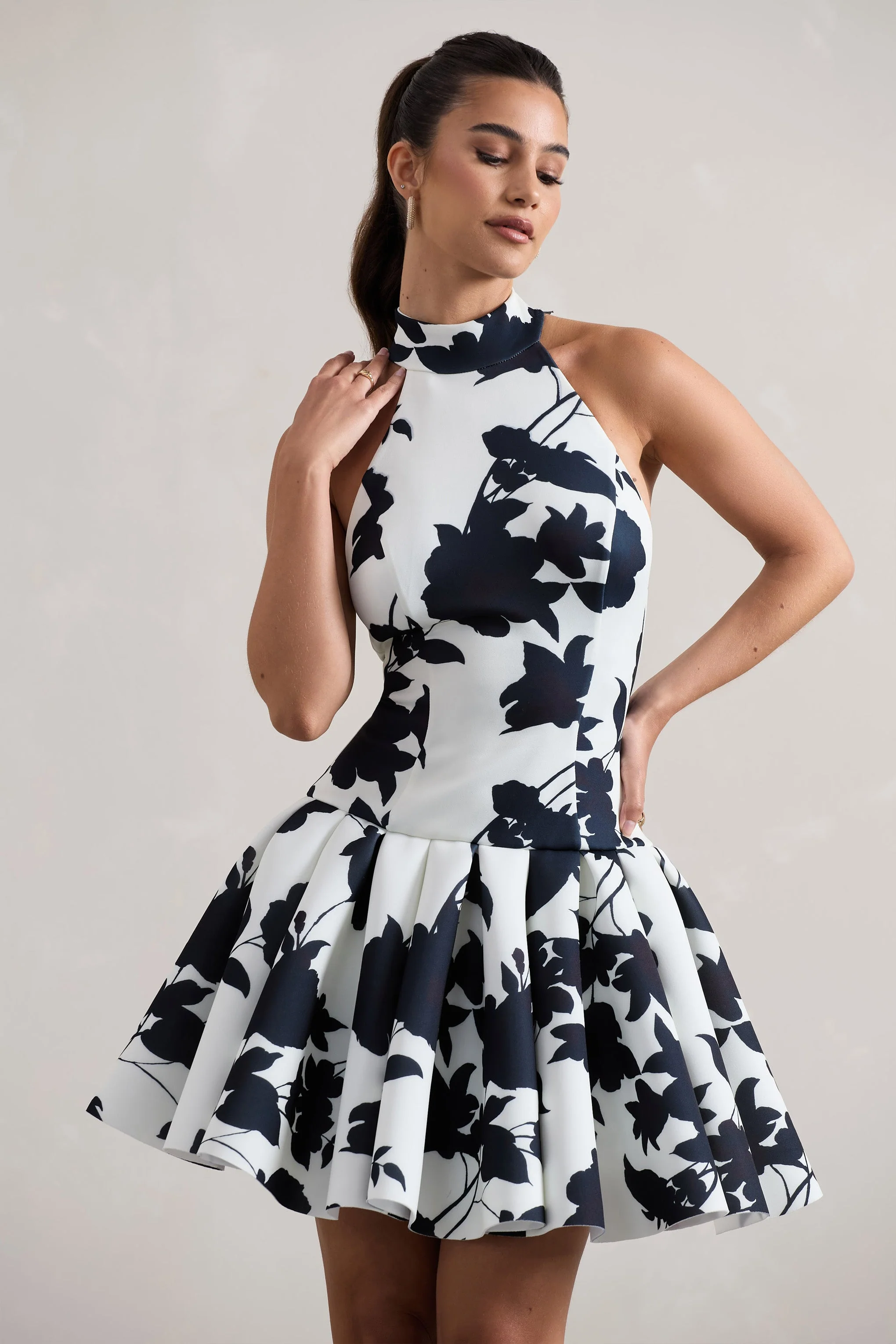 Cream Floral Print High-Neck Mini Dress With Volume Hem