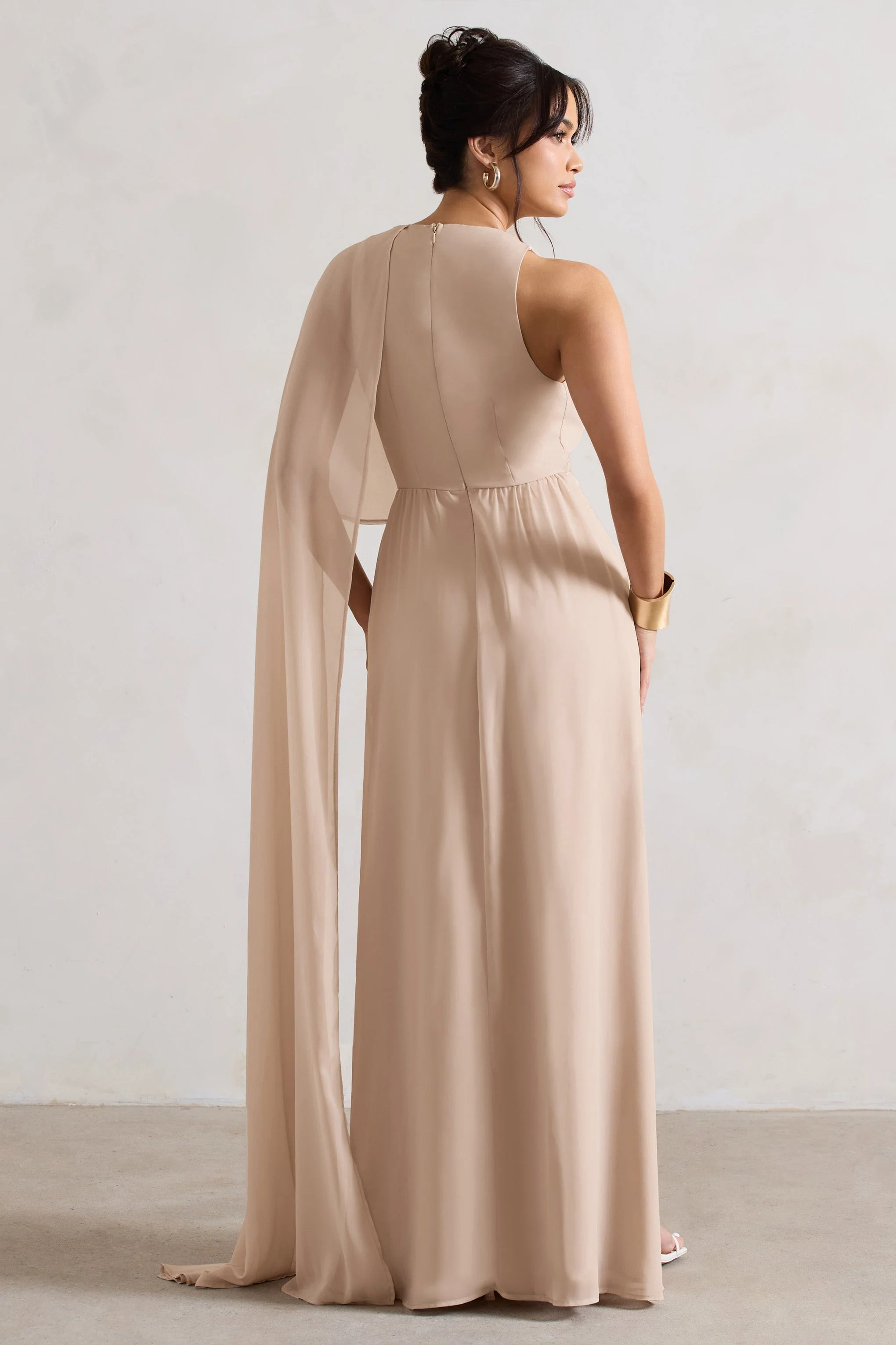 Champagne Plunge-Neck Chiffon Maxi Dress With Cape Sleeve
